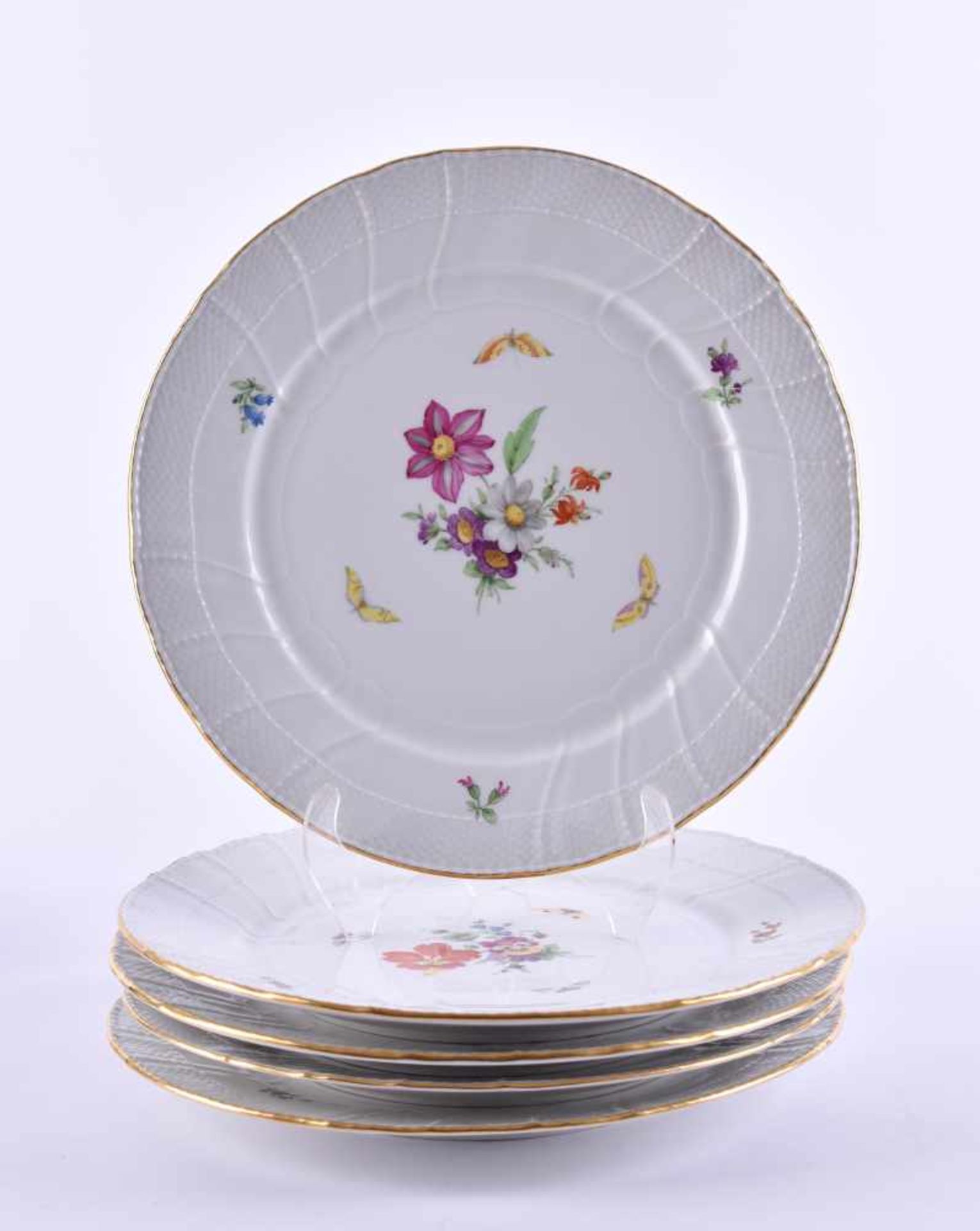 5 plates KPM Berlin 1962-1992colored and gold decorated with floral and butterfly decoration, blue