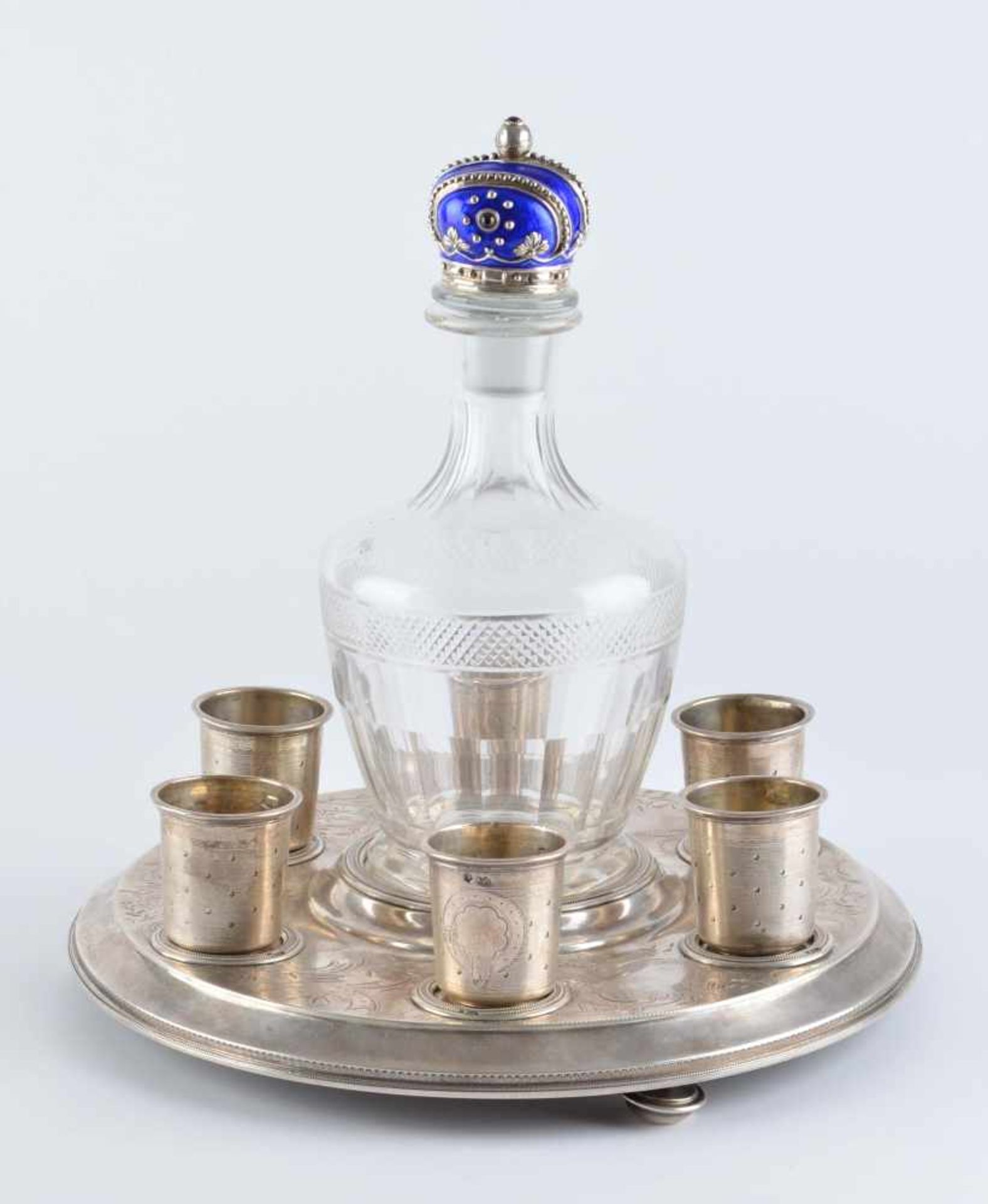 Vodka decanter and six vodka cups. Russiatray and cup silver tested and with cyrillic master's