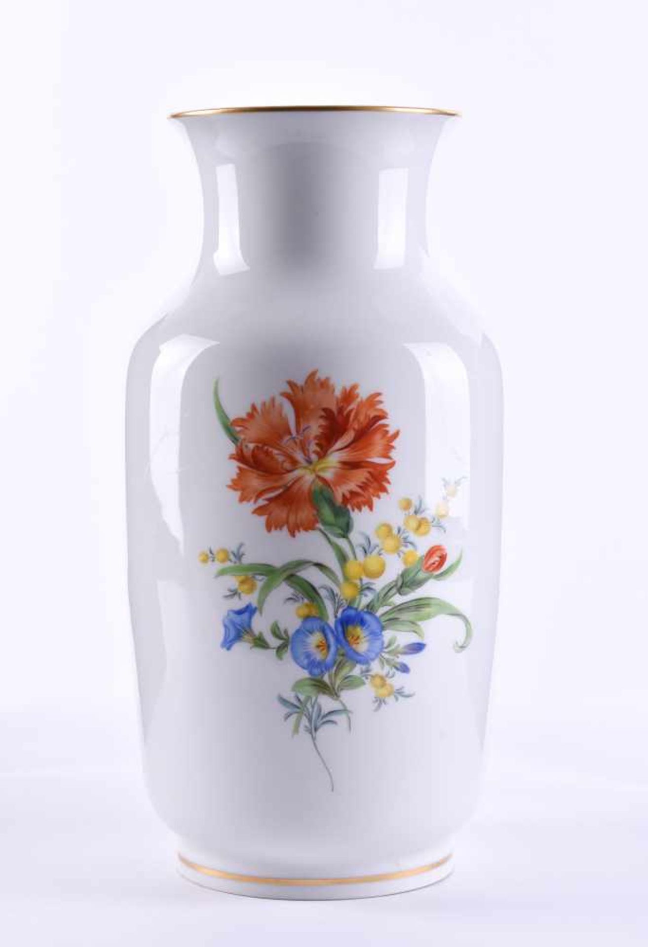 Vase Meissenwith polychrome flower painting and gold edge, 2nd choice, blue scepter mark, height: 30