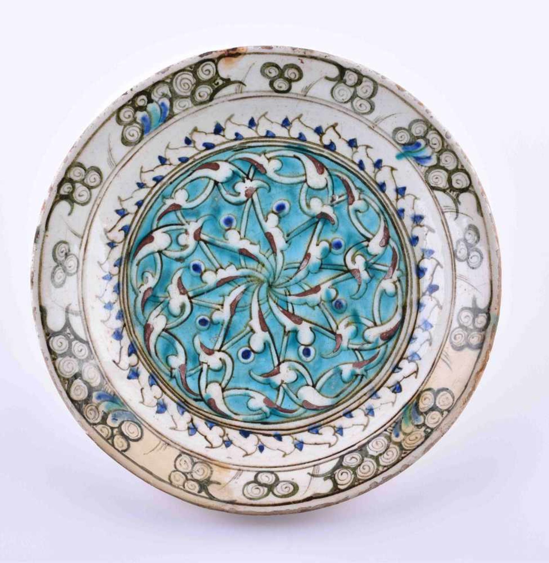 Iznik ceramic plate 17th centurycolored decorated, glazed restored, Ø 30.2 cmIznik Keramikteller 17.