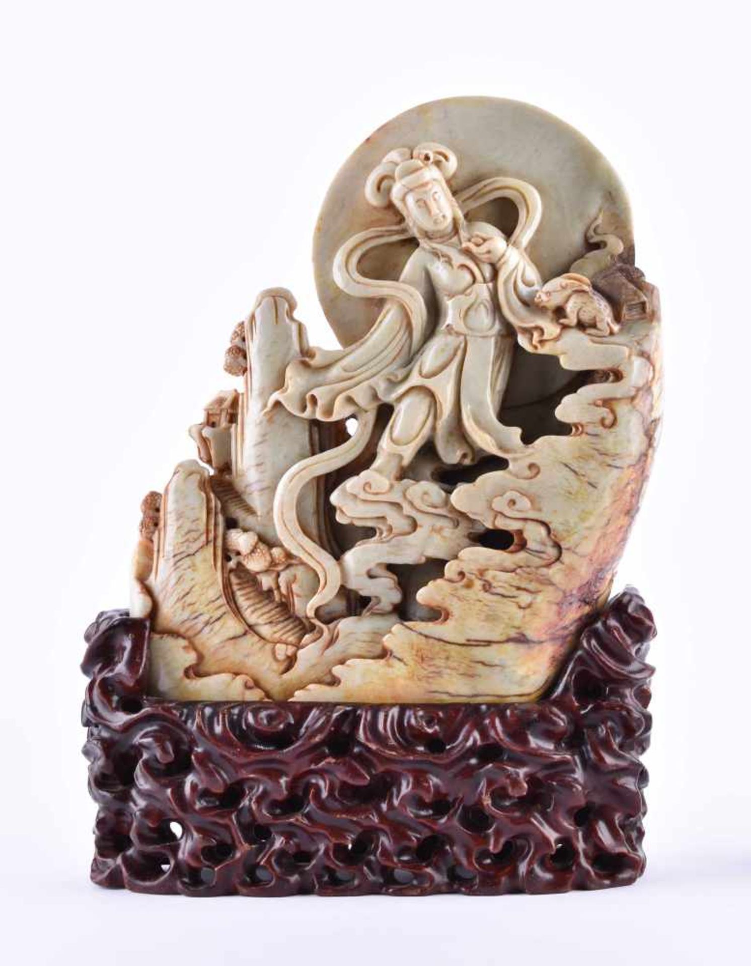 Large jade carving China Republic periodfinely carved on the front and back, standing on a wooden