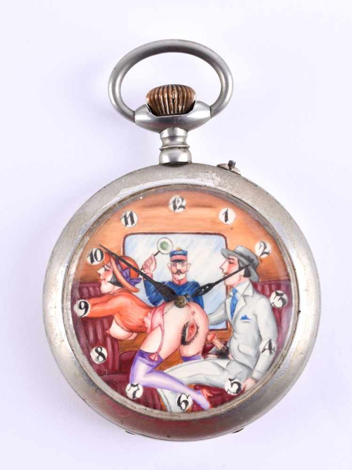 Pocket watchwith erotic reprensentation, clock is operating, slight signs of wear Ø approx. 7