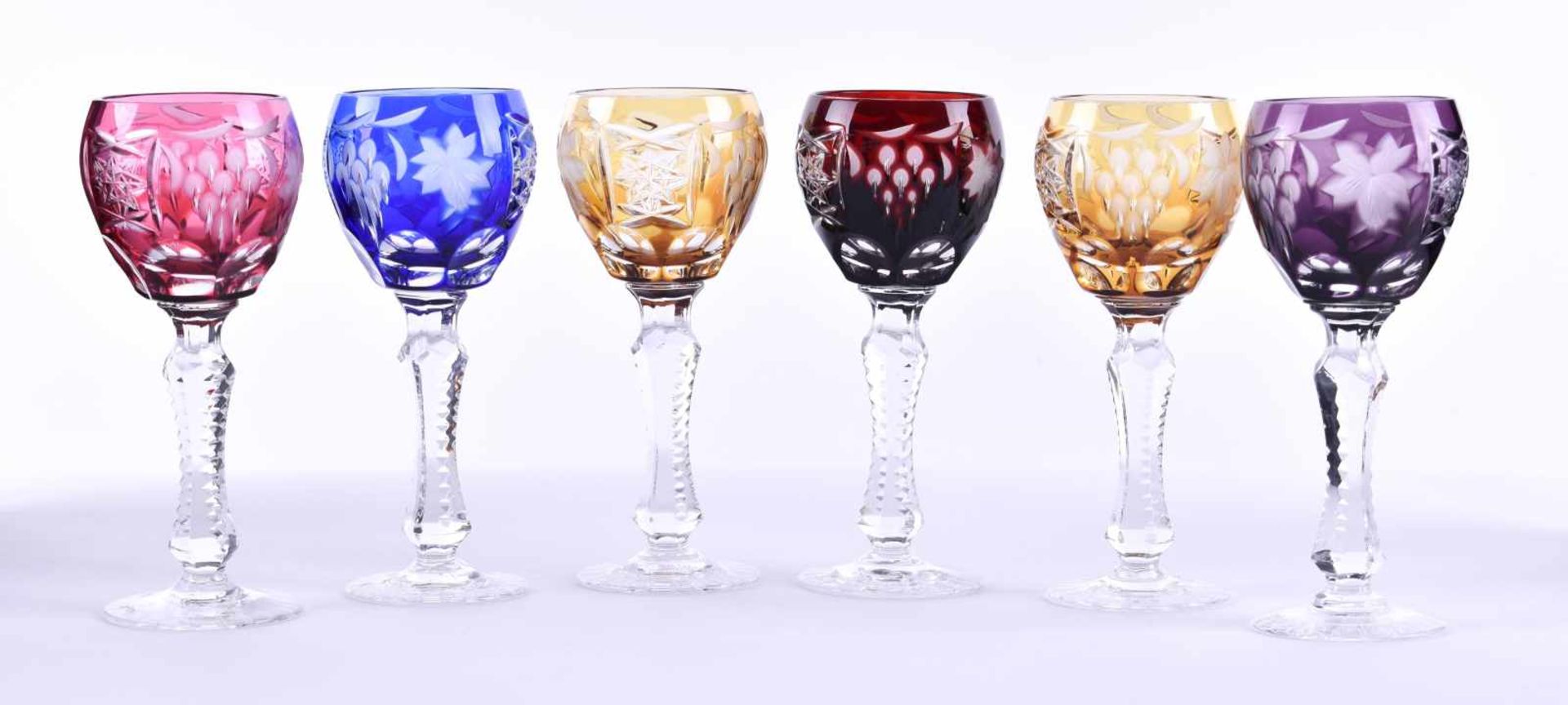 A group of liqueur glasses6 pieces, different colors, Knittel lead crystal, handmade, height: each