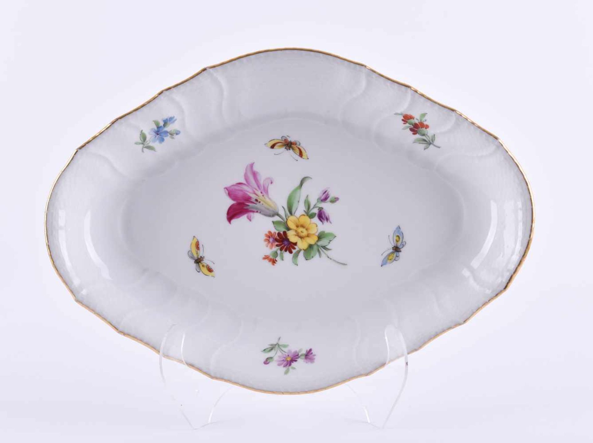 Fruits bowl KPM Berlin 1962-1992colored and gold decorated with floral and butterfly decor, blue