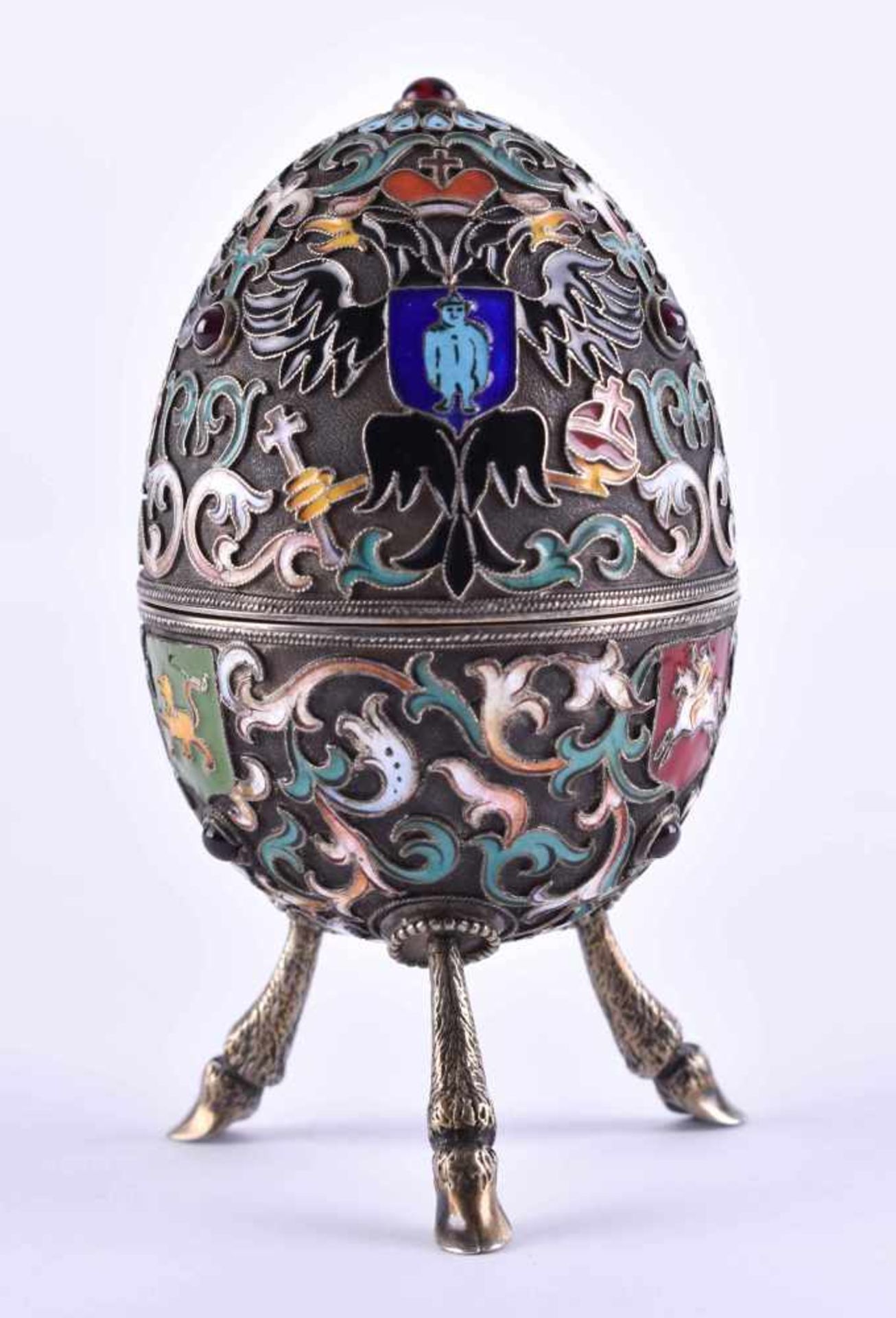 Cloisonne egg Russiasilver 84 Zolotnik, set with grenades, standing on 3 feet in the form of hooves, - Bild 3 aus 7