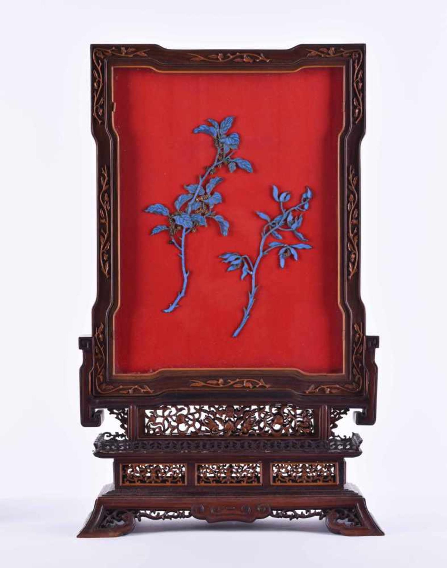Screening China Qing periodwood, on the show side behind glass with fine floral cloisonne work,