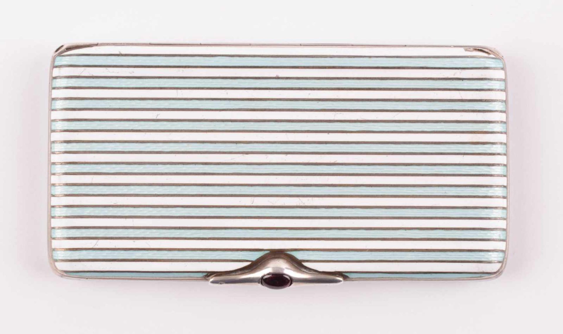 Enamel silver box France around 1900enameled on both sides with white and mint stripes, ruby ?? - Image 2 of 5