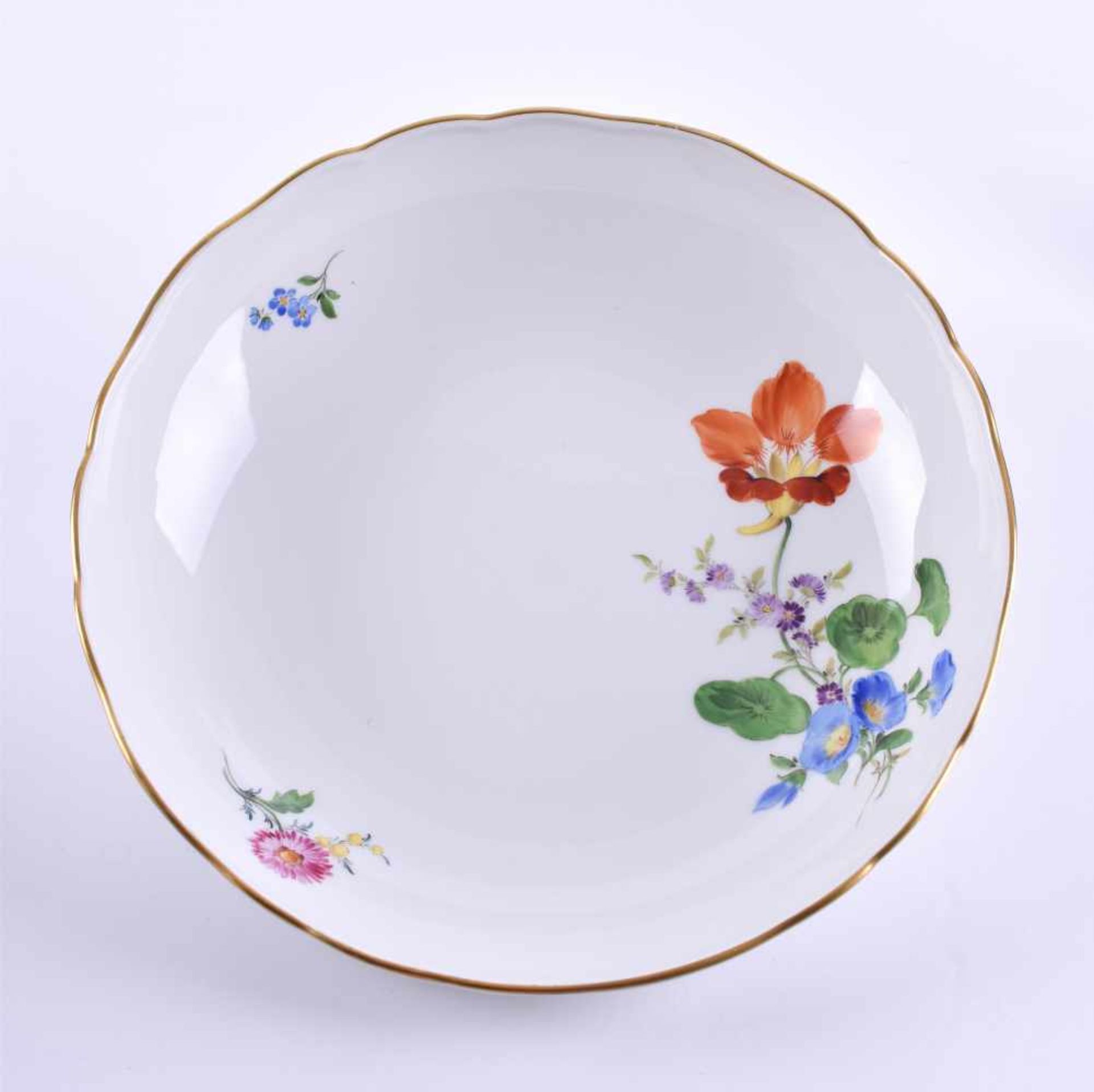 Fruit bowl Meissencolored and gold painted, decor with German flower bouquet, blue sword mark, 1st