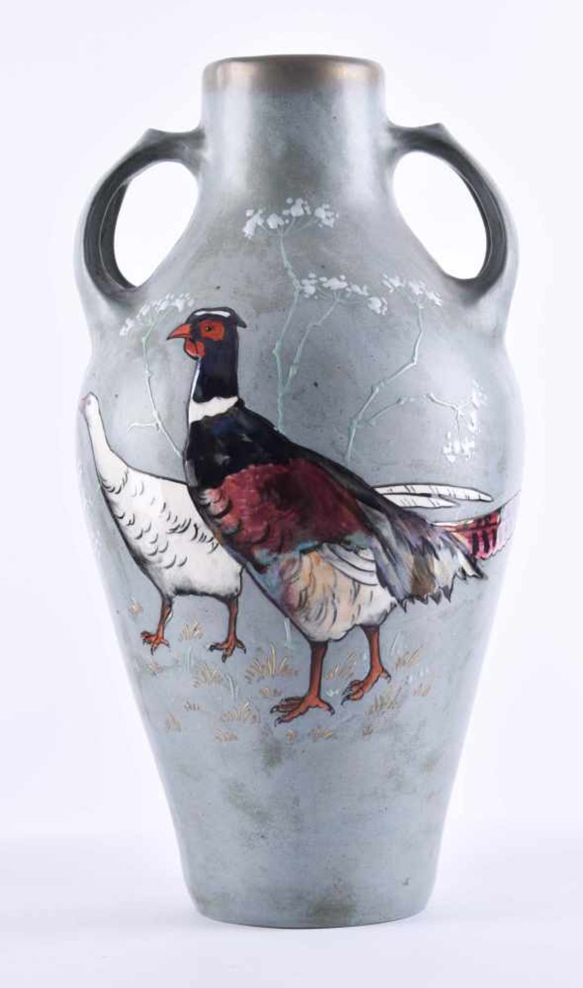 Large handle vase Amphora Turn Teplitz around 1900on the show side with floral and bird enamels