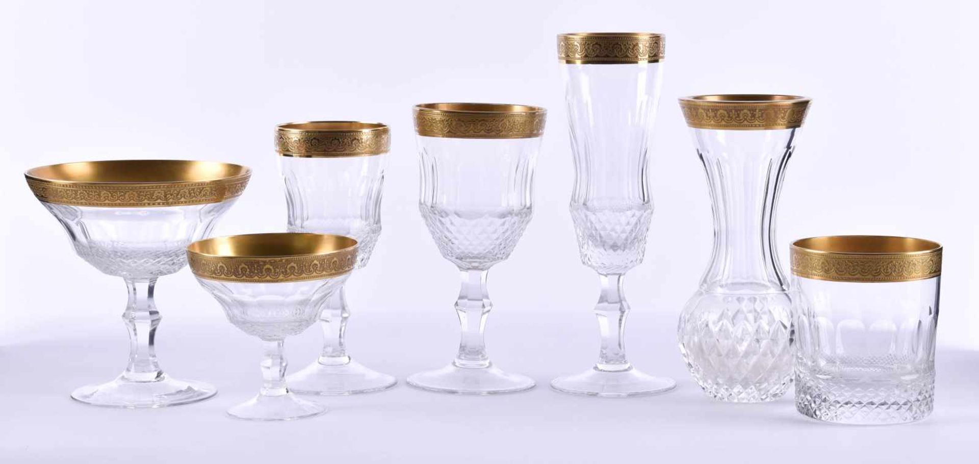 Large convolute crystal glasses, Theresiental8 pieces, with gold edge, includes: 2 small vases, 11