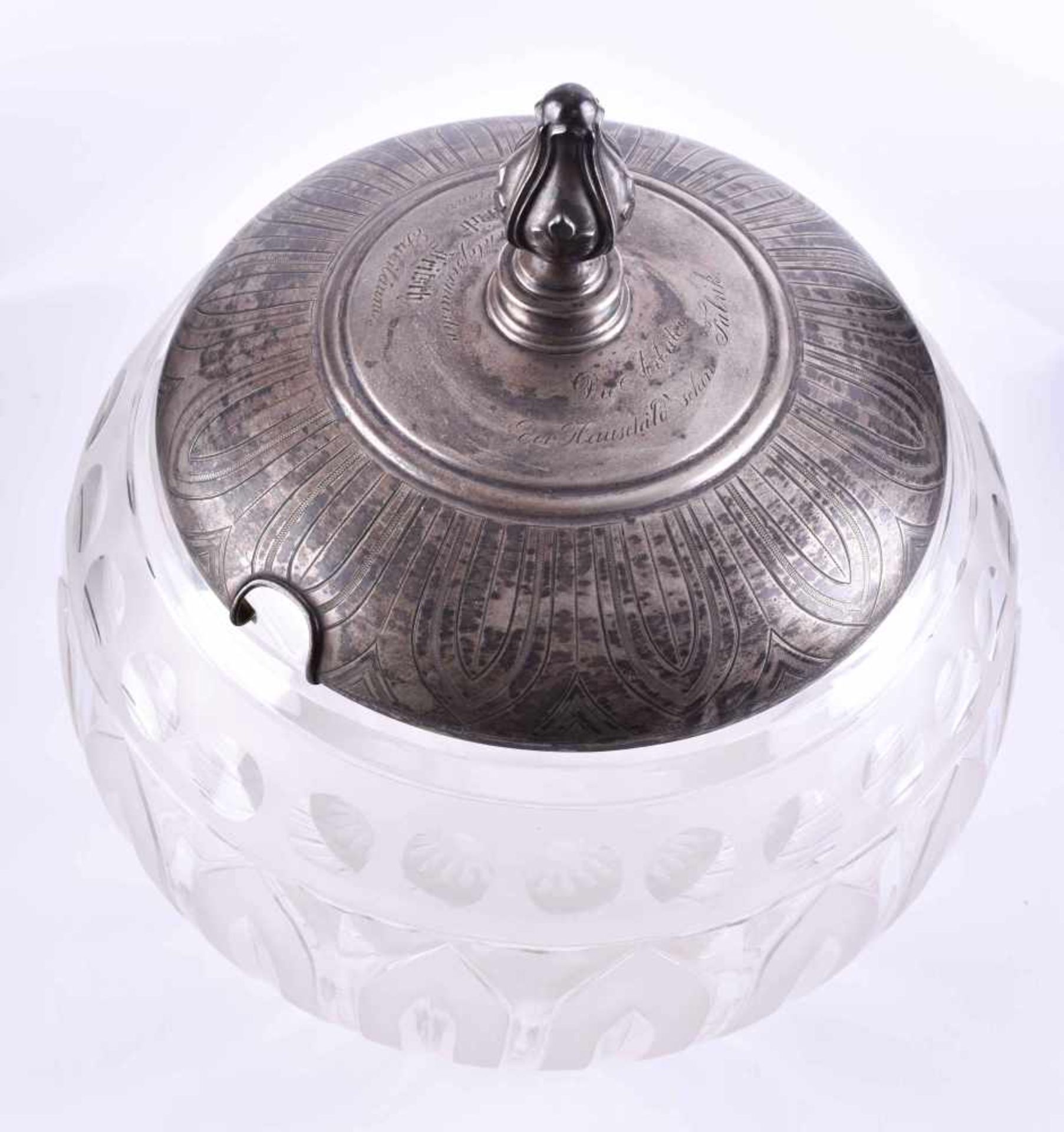 Bowling vessel around 1900crystal, with dish, lid silver 750/000 stamped and with dedication, - Bild 5 aus 7