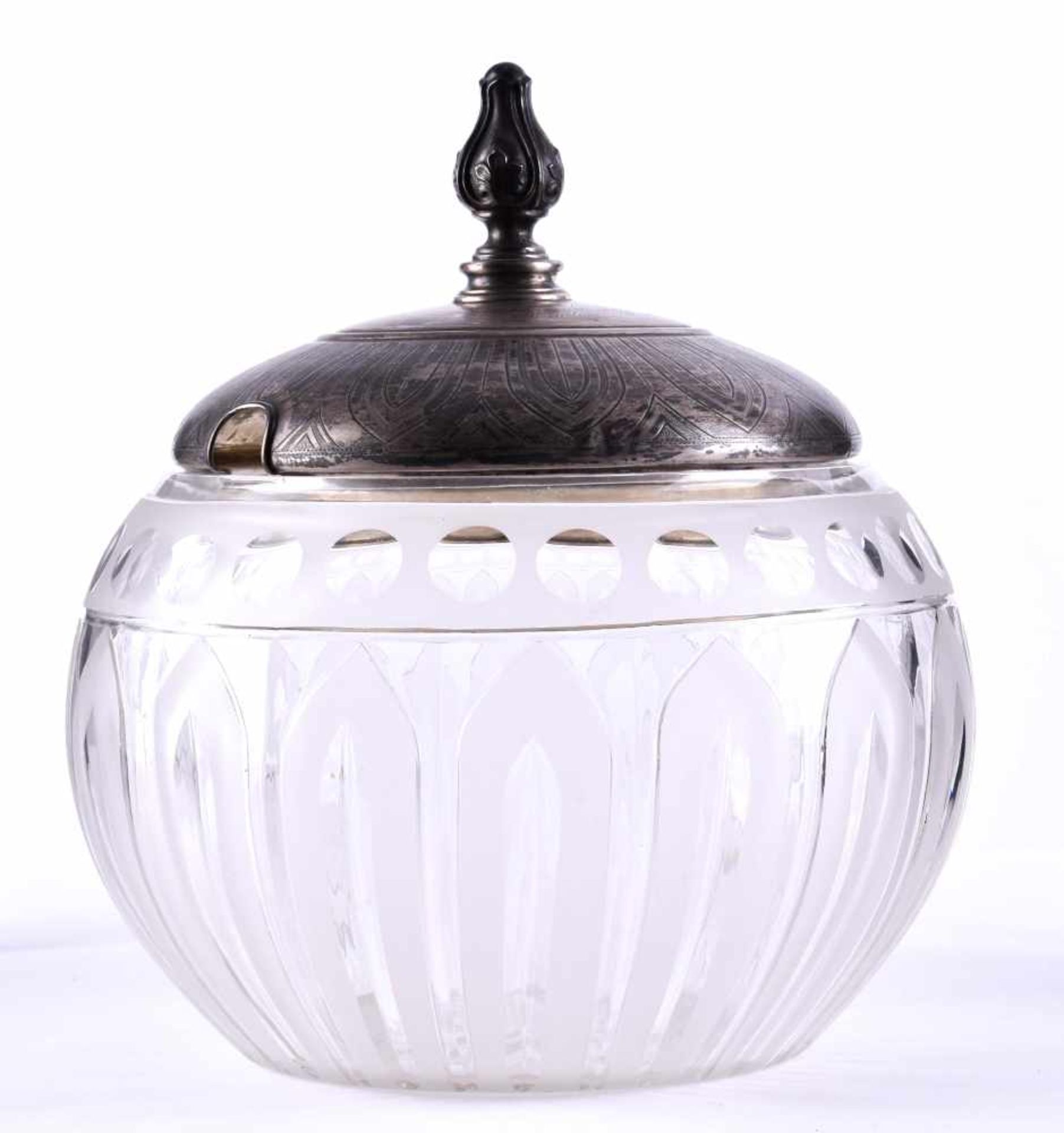 Bowling vessel around 1900crystal, with dish, lid silver 750/000 stamped and with dedication, - Bild 2 aus 7