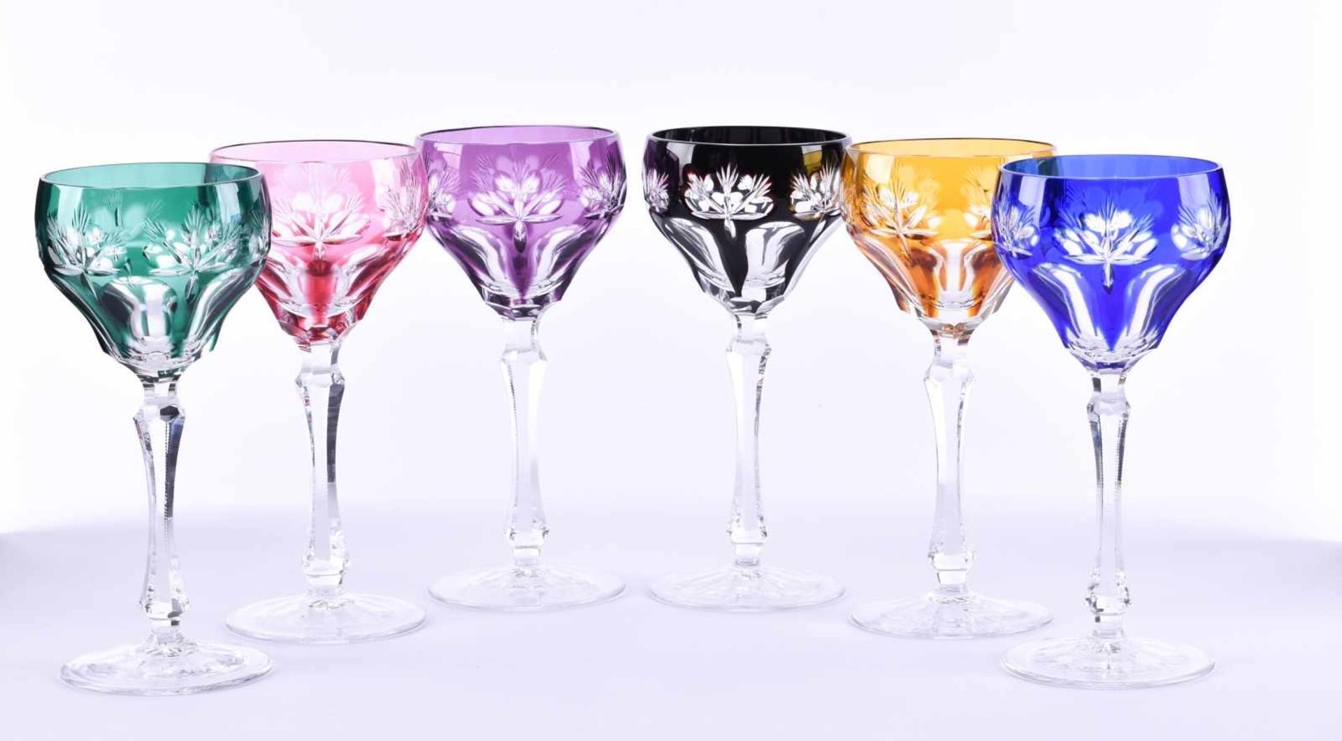 A group of red wine glasses6 pieces, different colors, Knittel lead crystal, handmade, height: