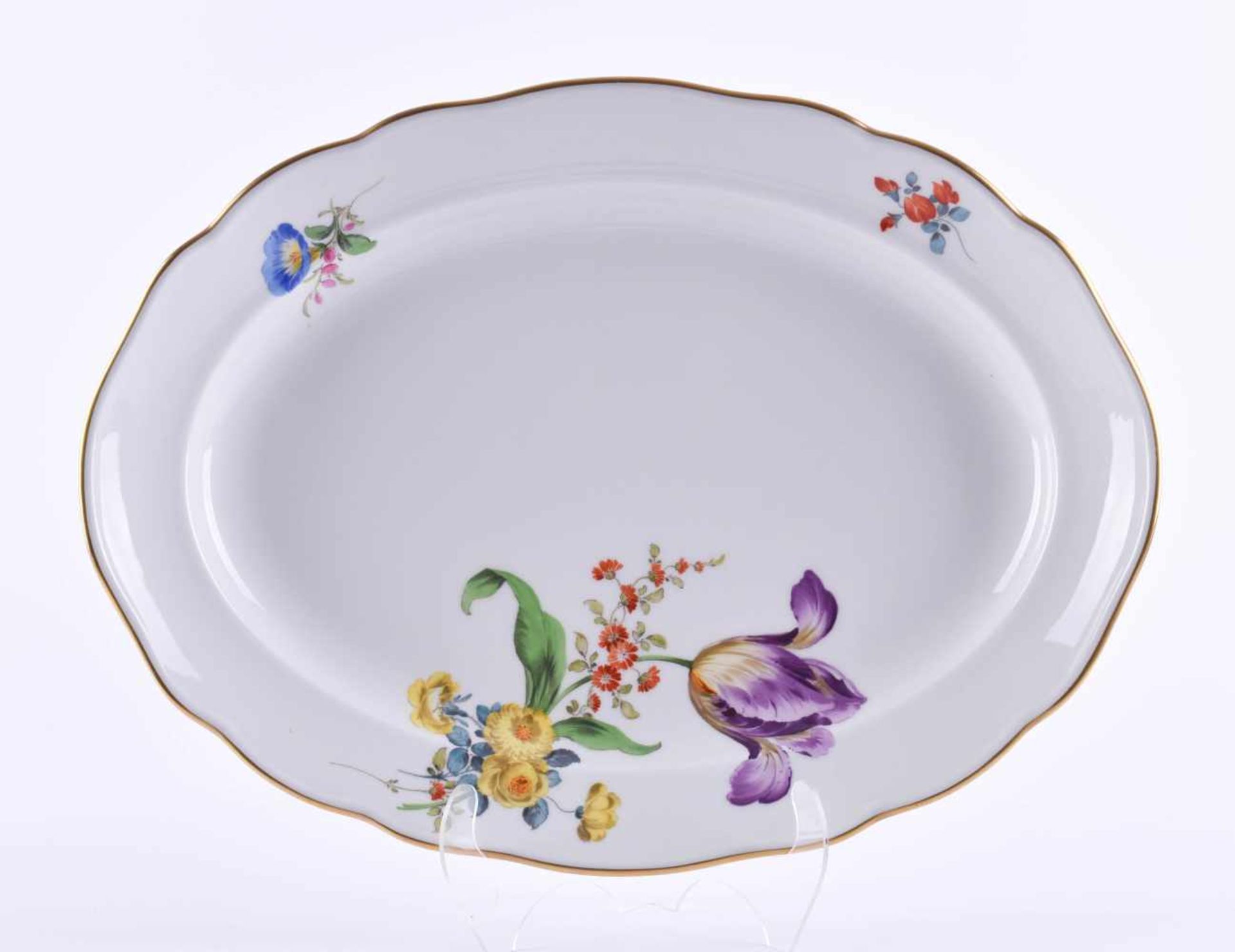 Large meat plate Meissencolored and gold decorated, decor German flower bouquet, blue sword mark,