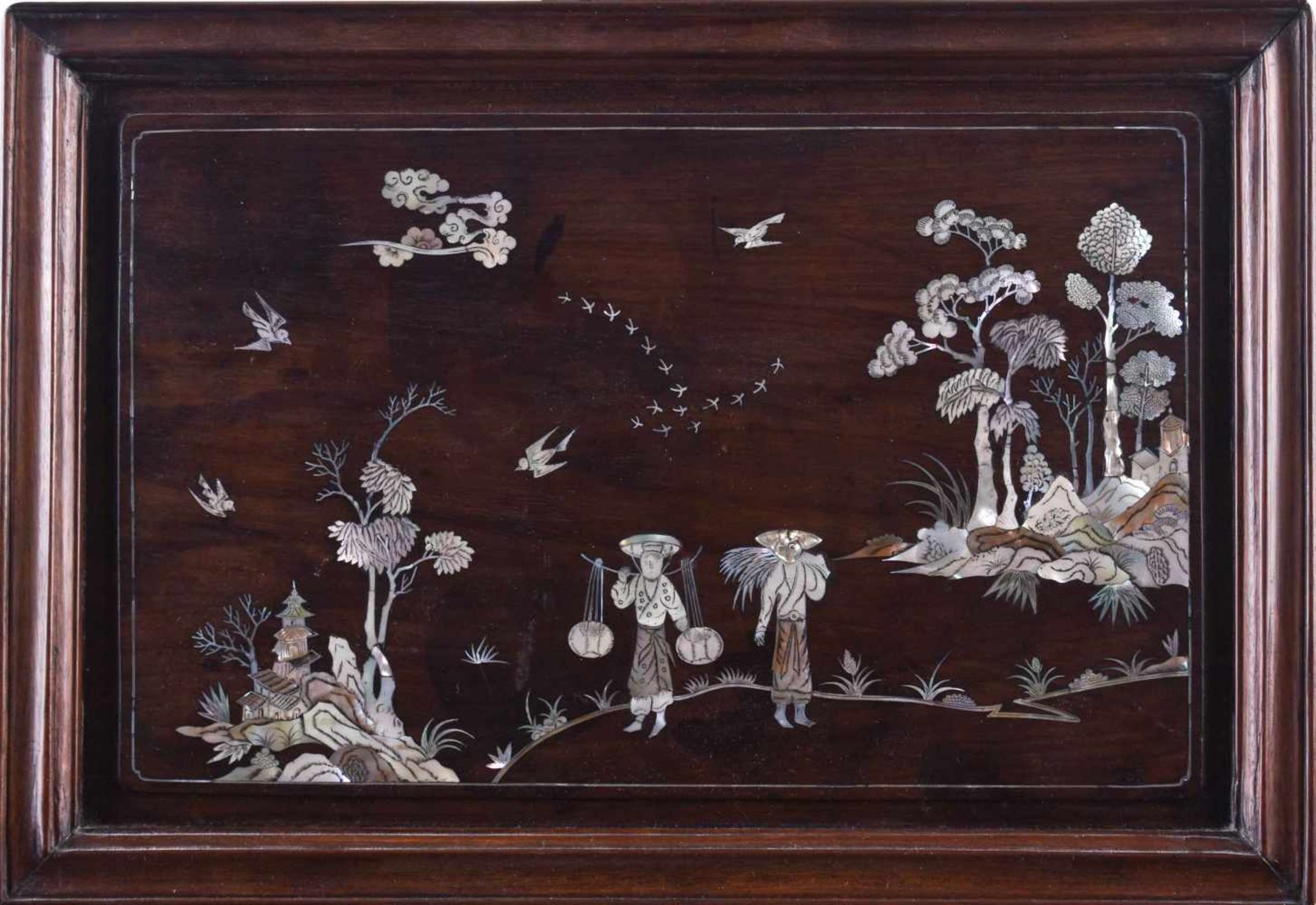 Wall painting China Qing periodwood with mother-of-pearl inlays, landscape decoration with bird