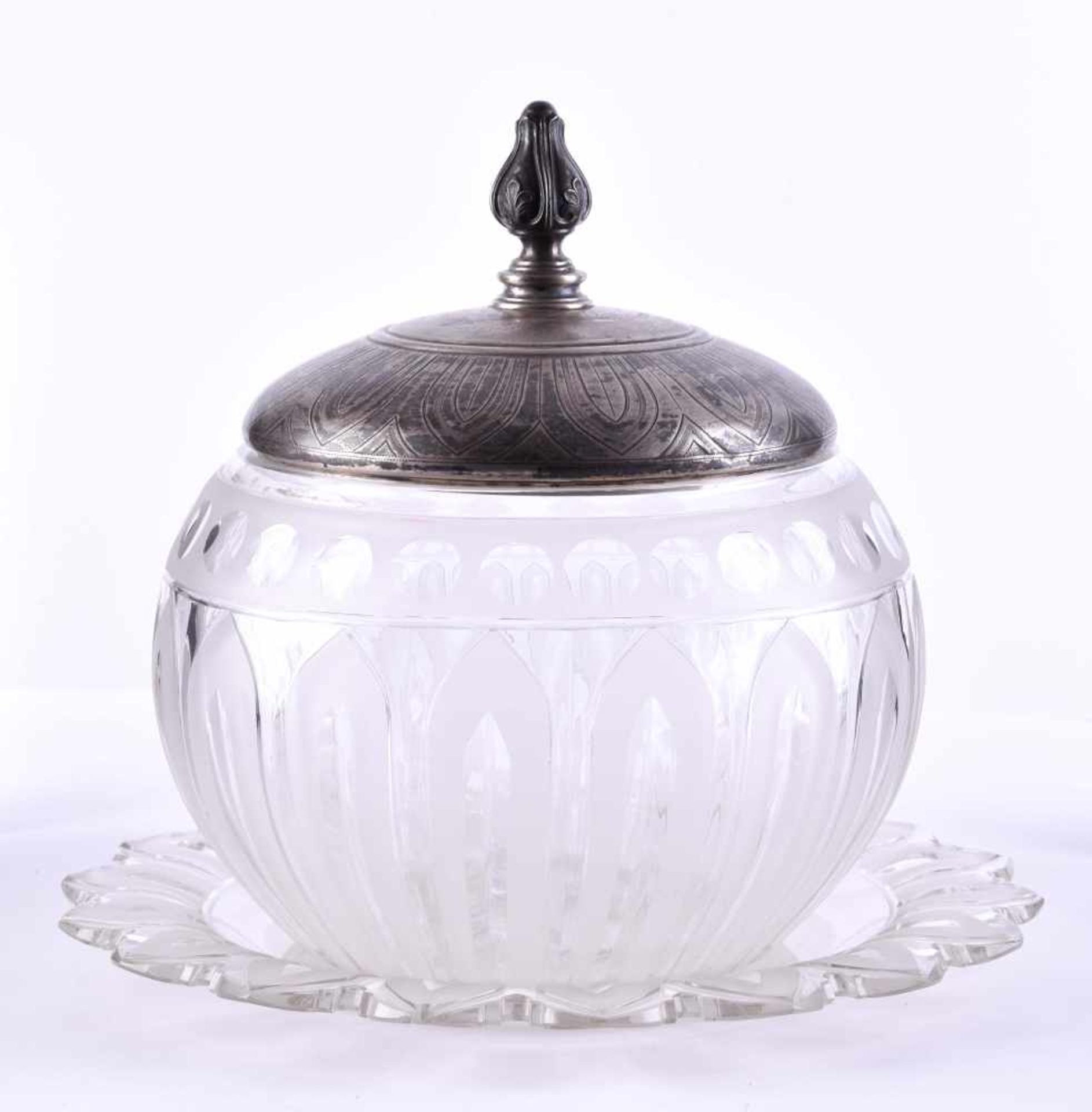 Bowling vessel around 1900crystal, with dish, lid silver 750/000 stamped and with dedication,