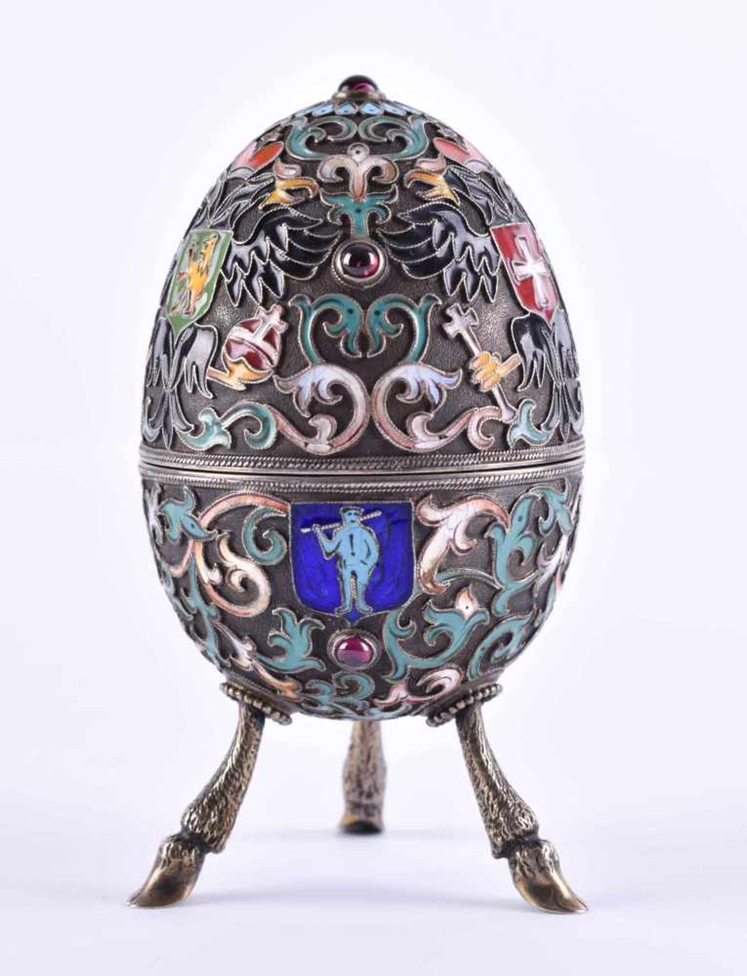 Cloisonne egg Russiasilver 84 Zolotnik, set with grenades, standing on 3 feet in the form of hooves,