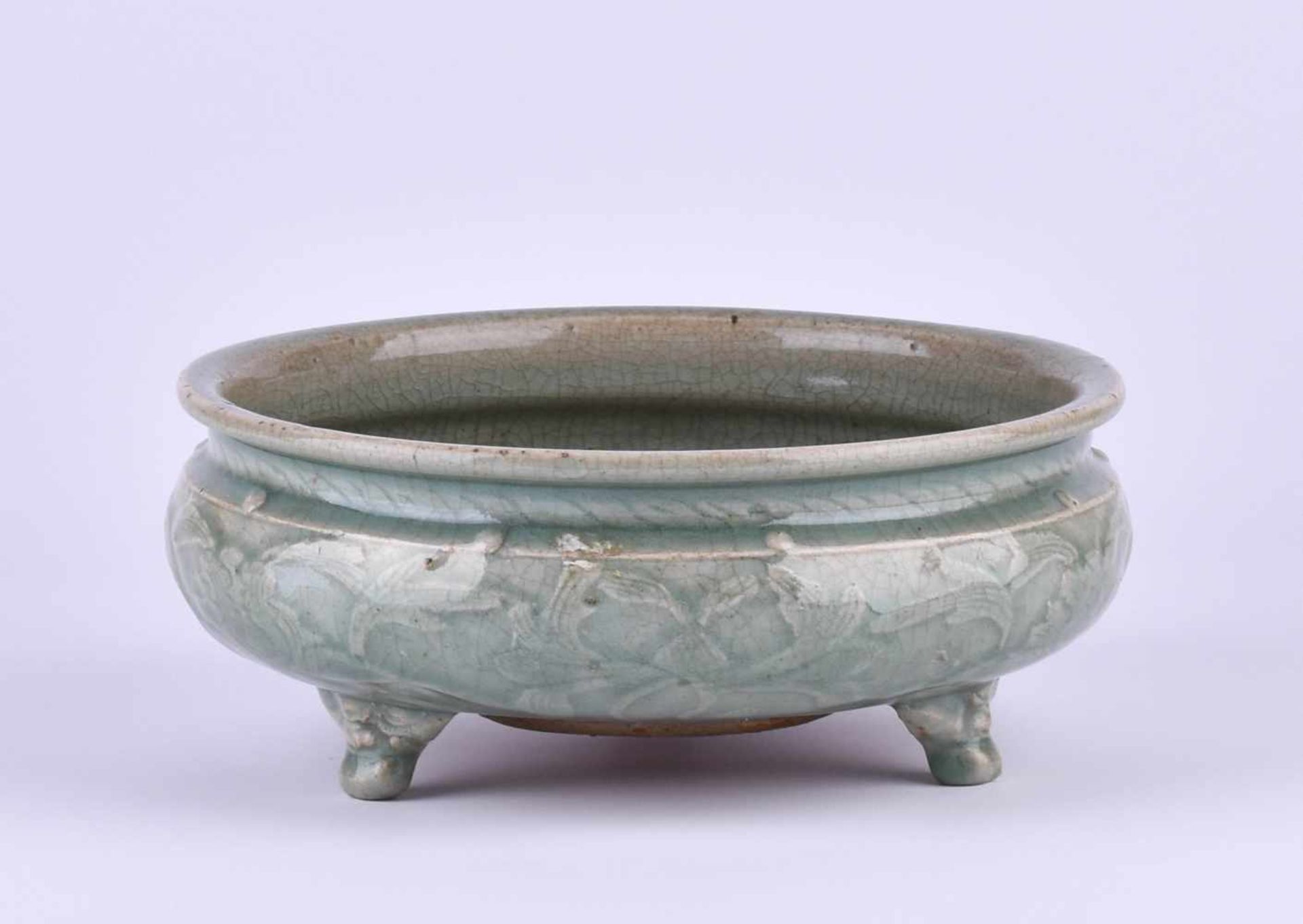 Celadon bowl China Ming periodceladon glaze, all around decorated with reliefed floral decoration, - Image 3 of 5