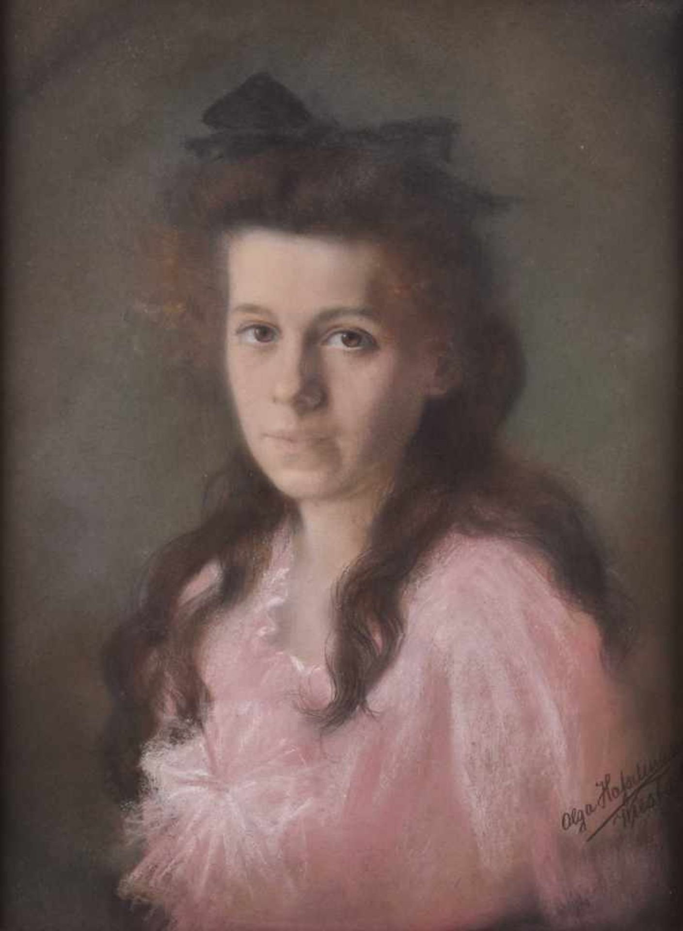 Artist 19th / 20th century"Half portait of a young lady in a pink dress"drawing pastel, 57 cm x 43