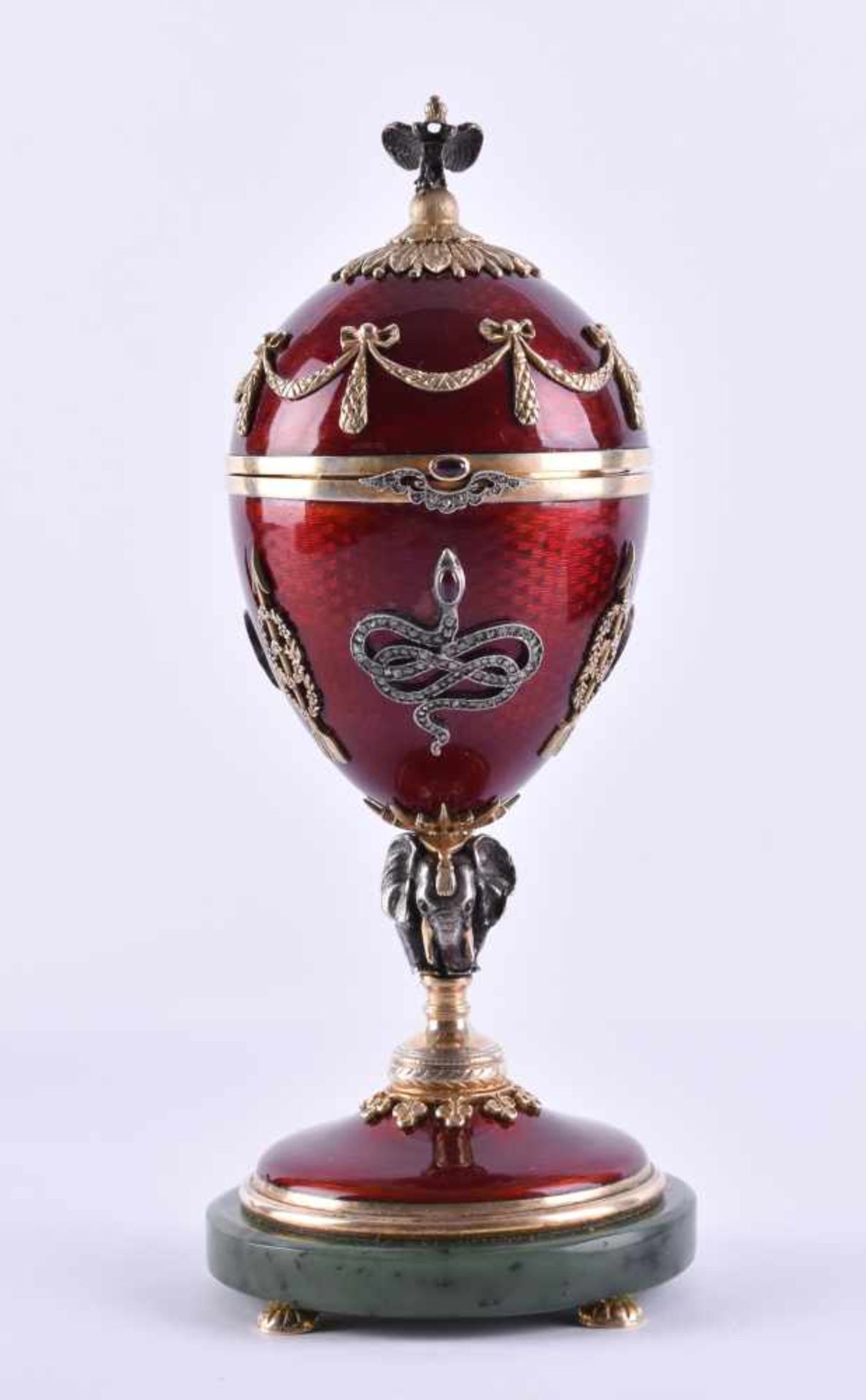 Egg Russiasilver gilded 88 zolotnik, foldable, internally carved swan of mammoth mounted on nephrite