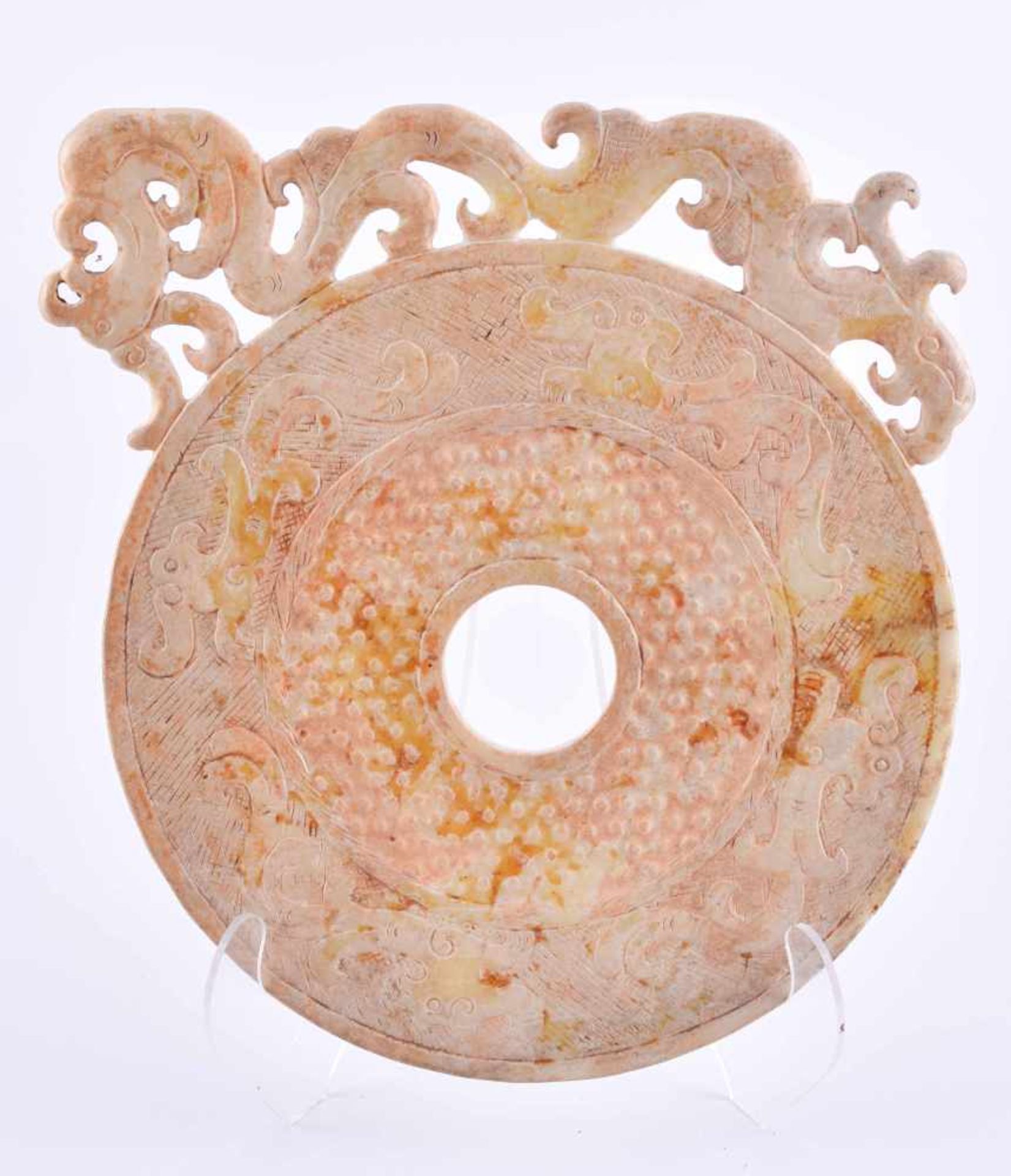 Bi-disc China in Han styleJadeite, with knobs decor, Ø 17,5 cmBi-Scheibe China im Han StilJadeit, - Image 2 of 5