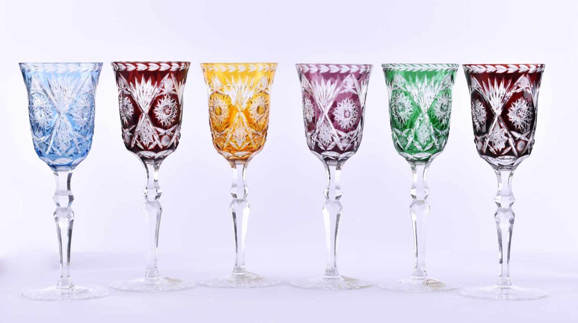 A group of white wine glasses6 pieces, different colors, Knittel lead crystal, handmade, height: