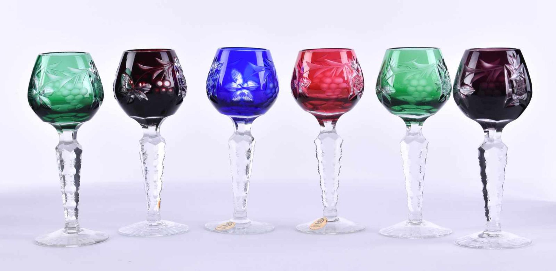 A group of liqueur glasses6 pieces, different colors, Knittel lead crystal, handmade, height: each