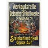 Oelsnitzer Brikettwerke *Glück Auf*farbig lackiertes Blechschild mit geprägten Schriftzügen u.