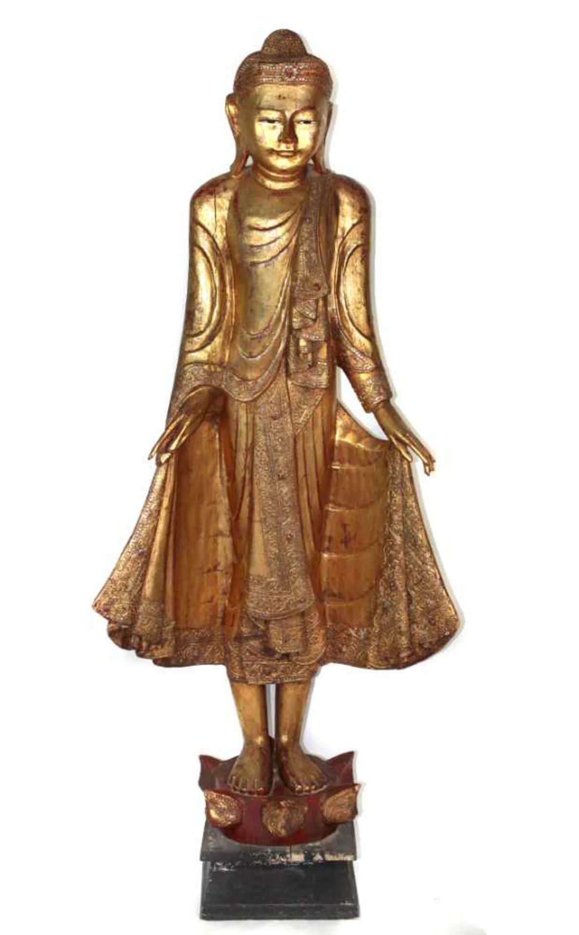 stehender BuddhaHolz vergoldet, Kayotsarga Asana, Strinbandkrönung mit versiegelten Applikationen,