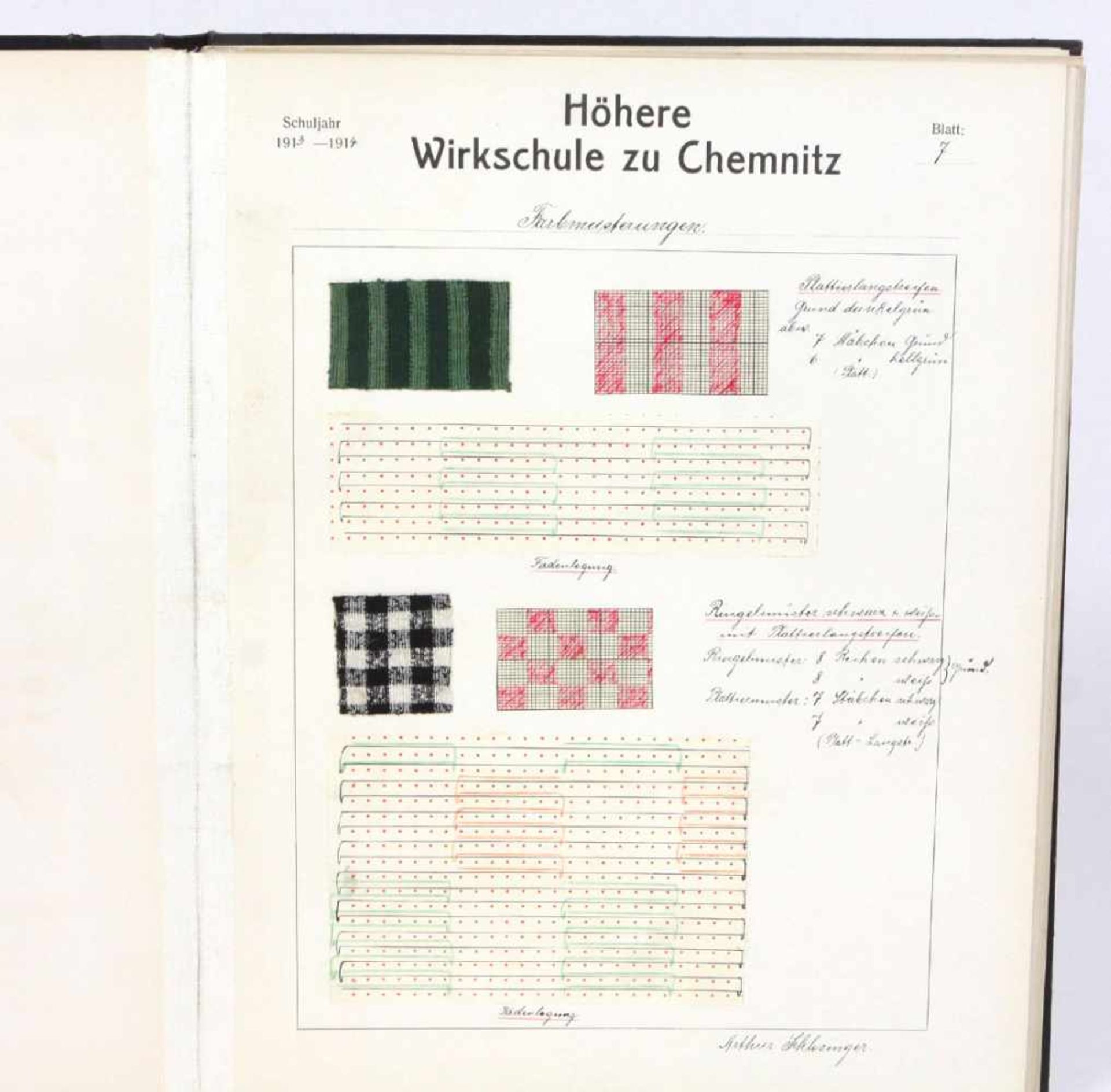 Muster zerlegenMustermappe des Lehrlings Arthur Schlesinger an der Höheren Wirkschule zu Chemnitz