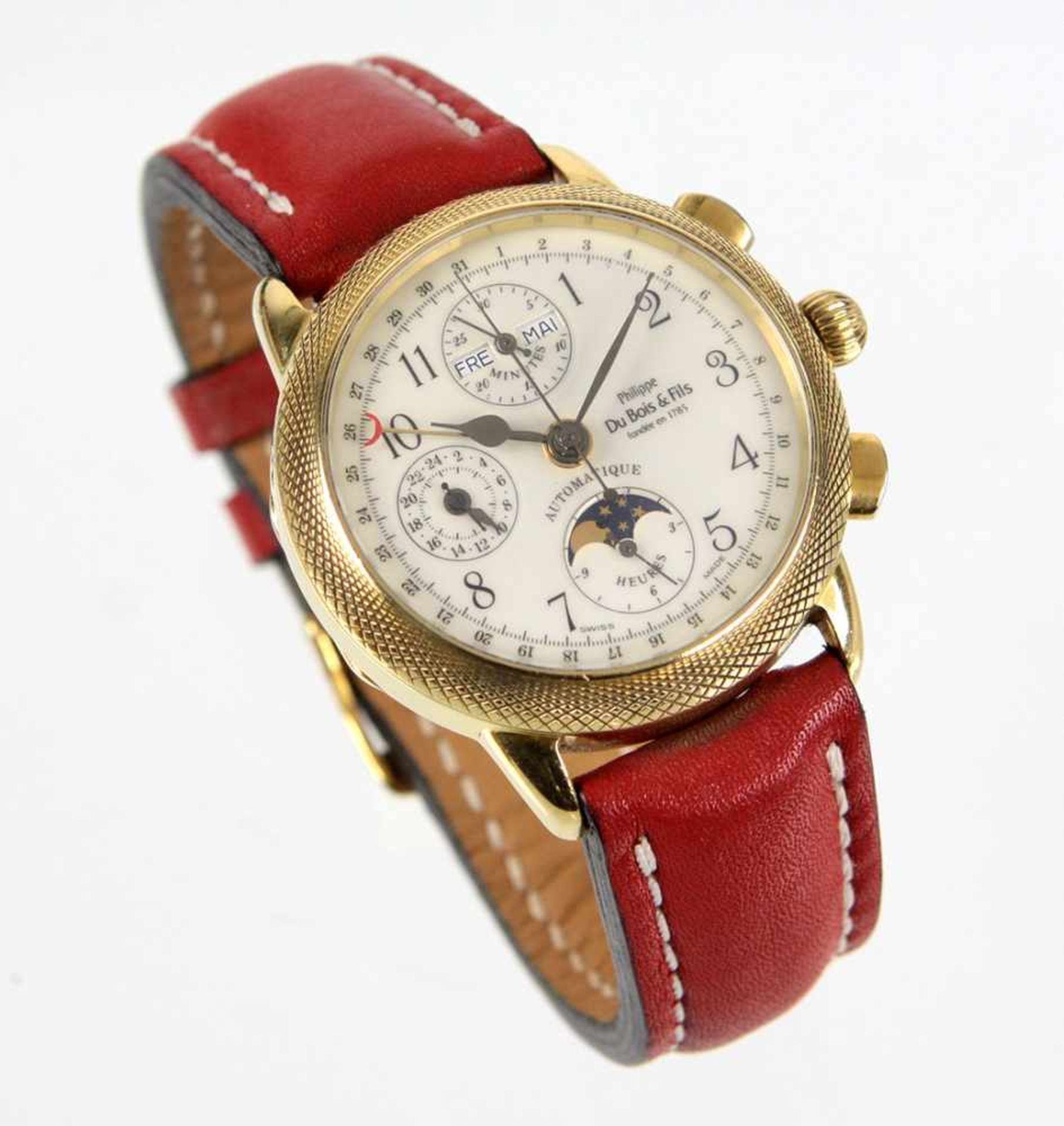 Herren Armbanduhr - GG 750rundes mit feiner Guillochierung verziertes Uhrengehäuse in Gelbgold