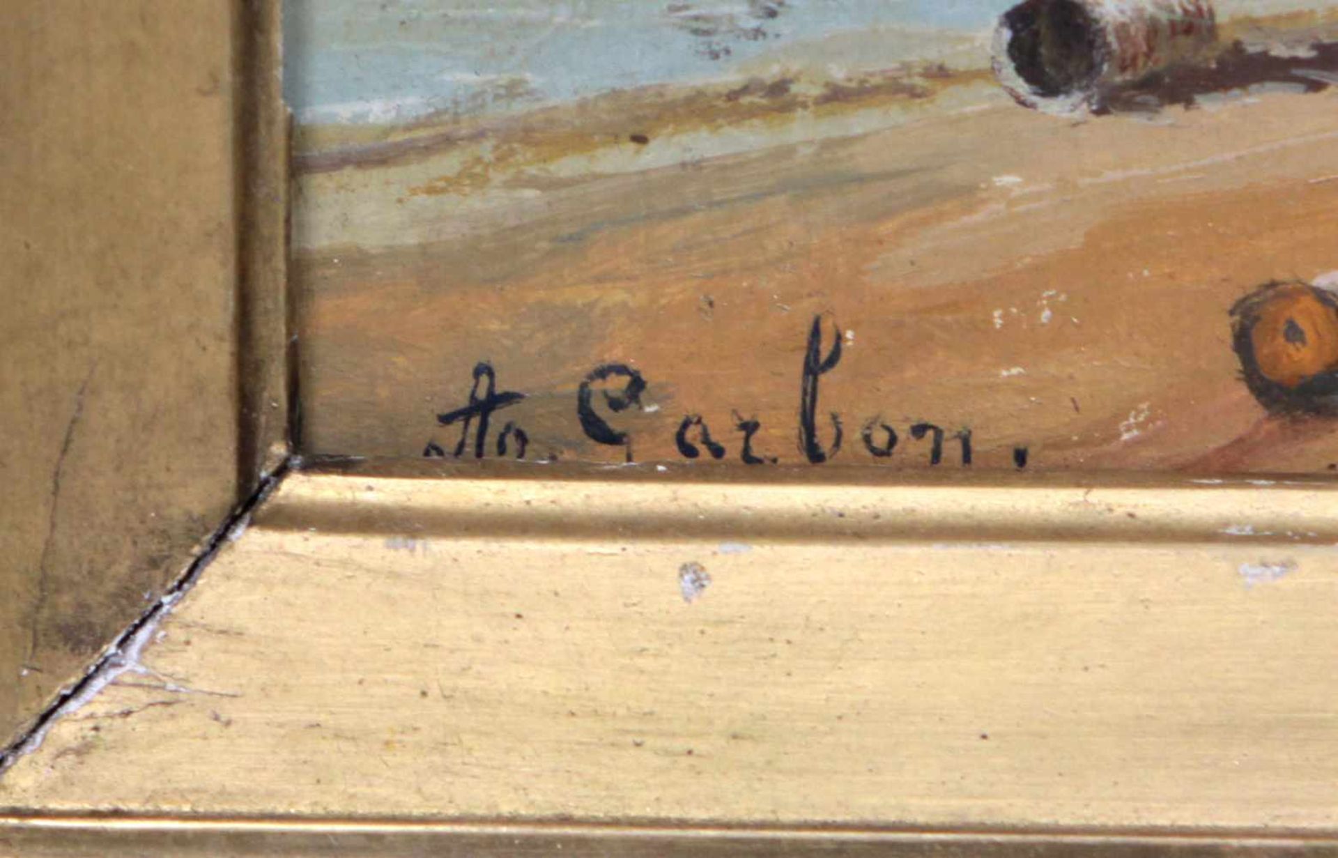 Segler am Strand - Garbon, A.Öl/Holzplatte links unten signiert A. Garbon, kleine ländliche - Bild 2 aus 2