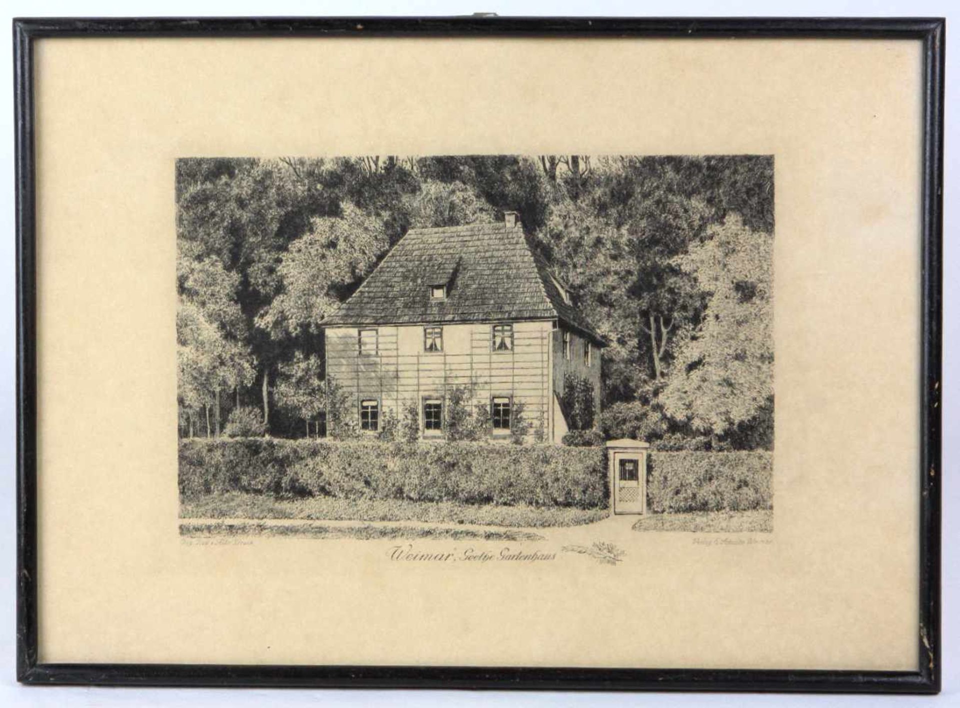 Weimar, Goethe GartenhausLithographie, mittig bez. *Weimar, Goethe Gartenhaus*, rechts unterhalb