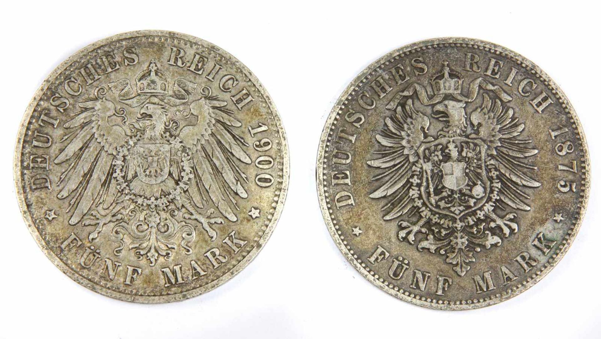 2 x 5 Mark Bayern 1875/1900 DSilber, 2 x Fünf Mark Deutsches Reich, Ludwig II Koenig von Bayern 1875 - Bild 2 aus 2