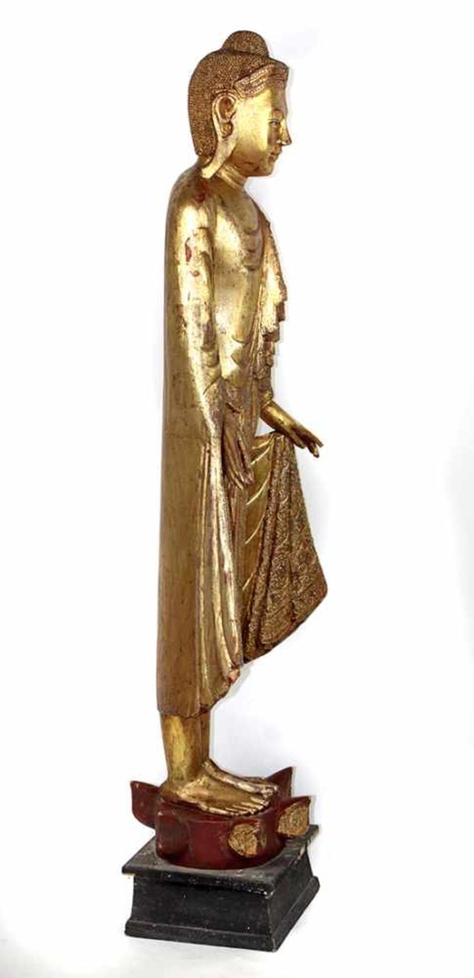 stehender BuddhaHolz vergoldet, Kayotsarga Asana, Strinbandkrönung mit versiegelten Applikationen, - Bild 3 aus 4