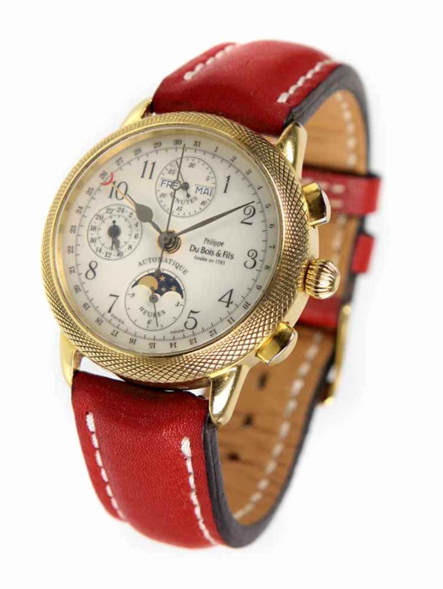 Herren Armbanduhr - GG 750rundes mit feiner Guillochierung verziertes Uhrengehäuse in Gelbgold - Bild 2 aus 3