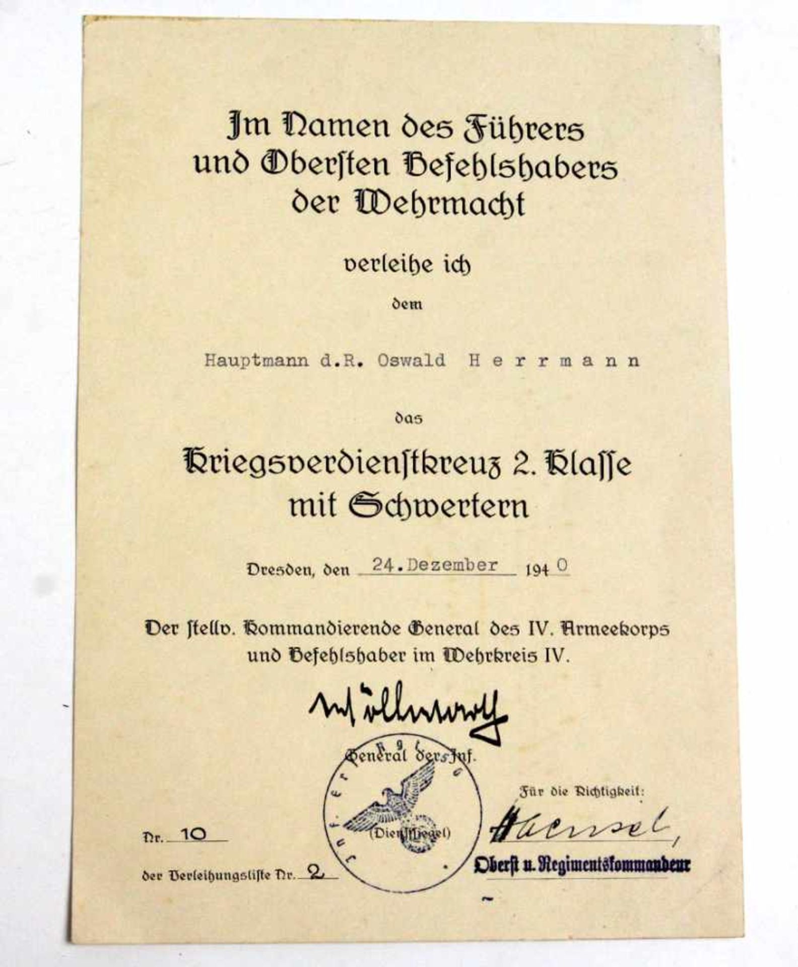 KVK Verleihungsurkunde 1940Verleihungsurkunde Kriegsverdiesntkreuz 2. Klasse mit Schwertern, Dresden