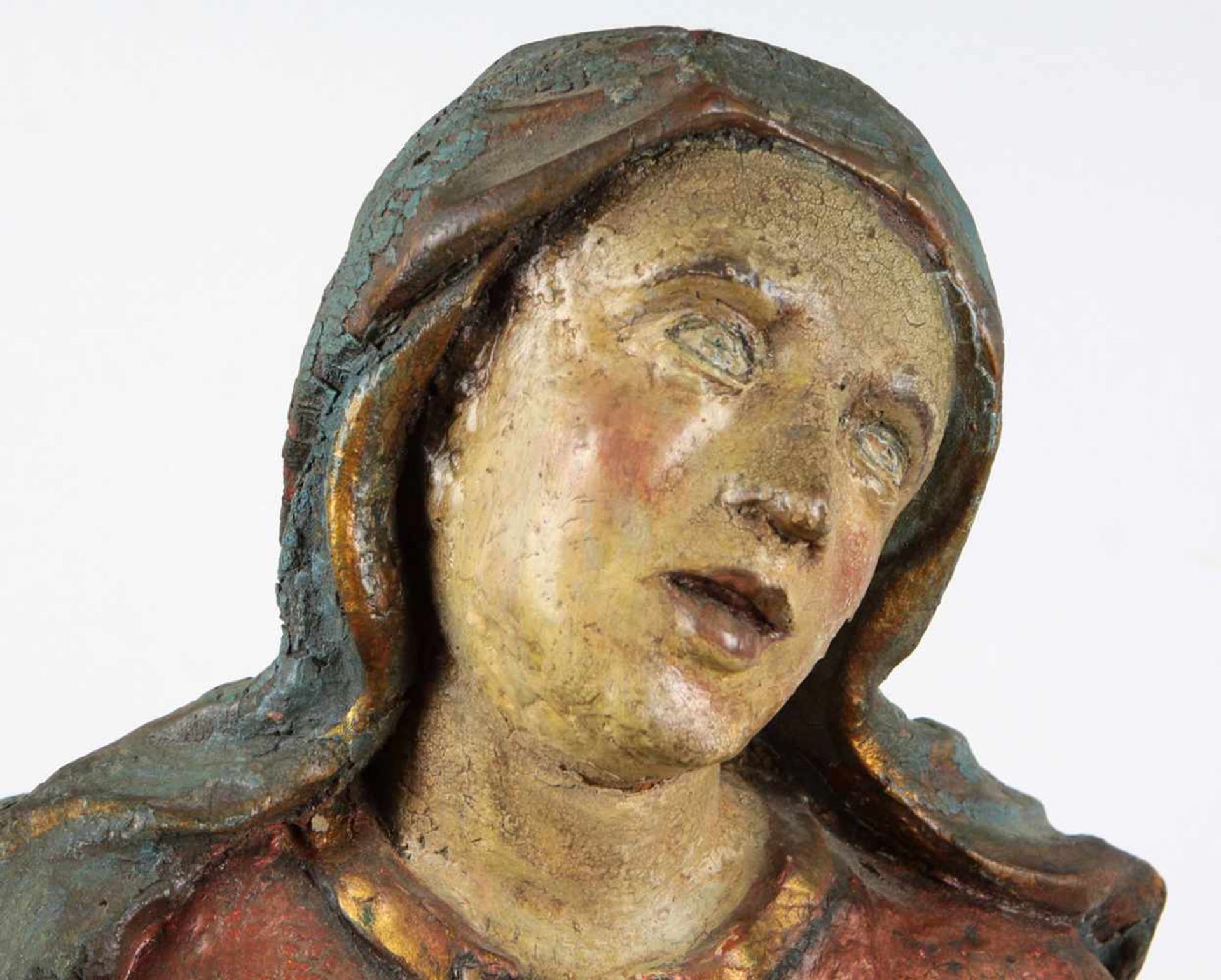 Maria mit JesusObstholz von Hand beschnitzt, teils angesetzt u. farbig gefasst, Mittelteil aus einer - Bild 6 aus 7