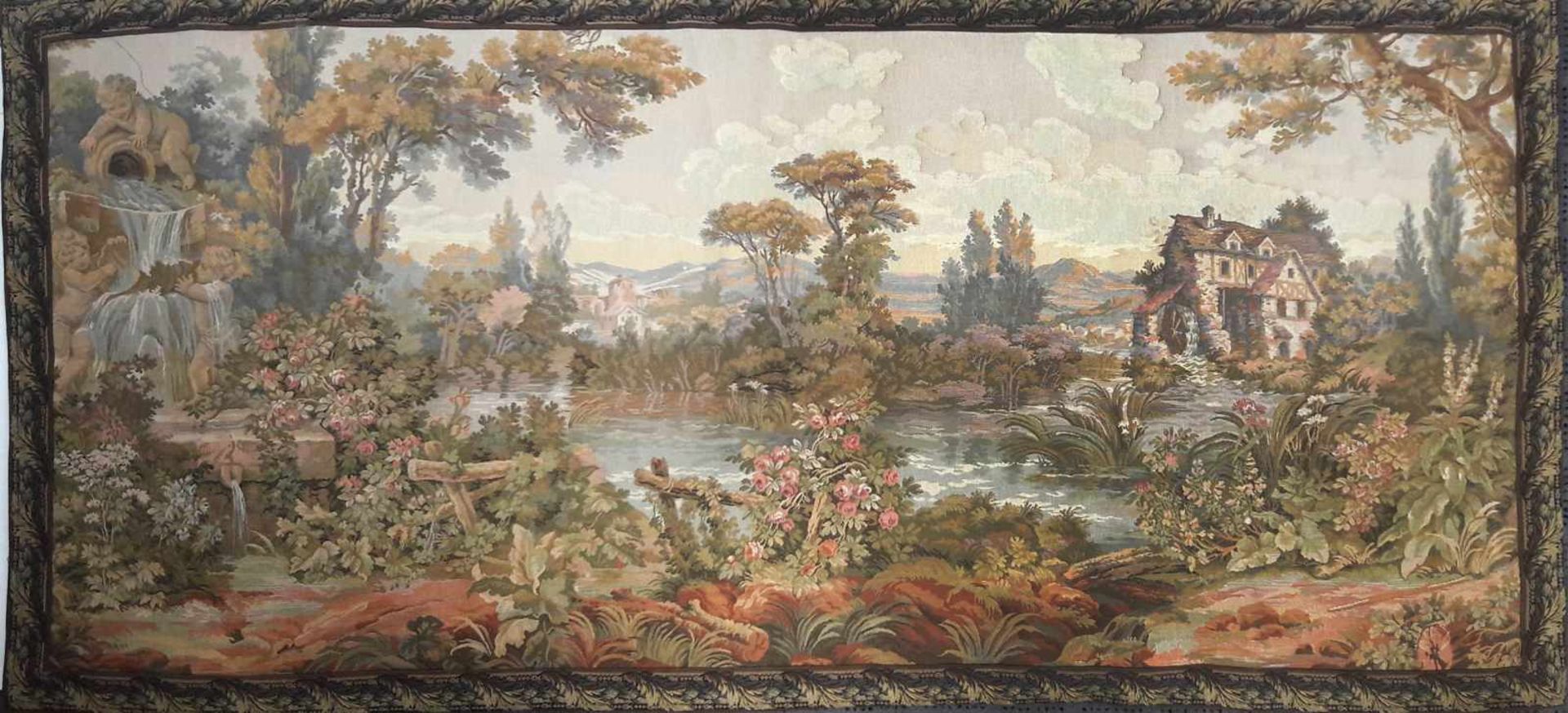 Gobelinin hellen Erdtönen gewebter Wandbehang, querformatiges Landschaftsidyll am See, ca. 80 x