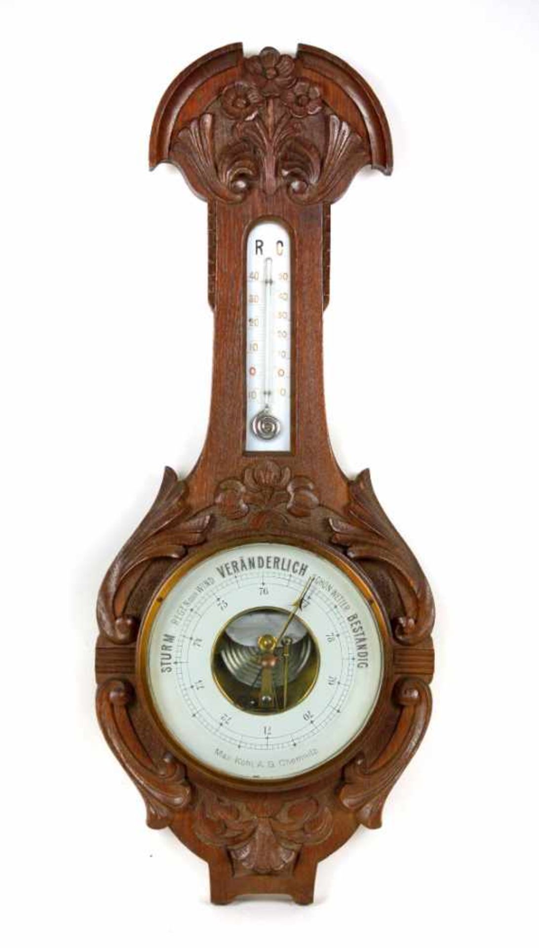 Barometer 1920er JahreEichenholz mit geschnitzten Floralapplikationen, Barometer gemarkt Max Kohl