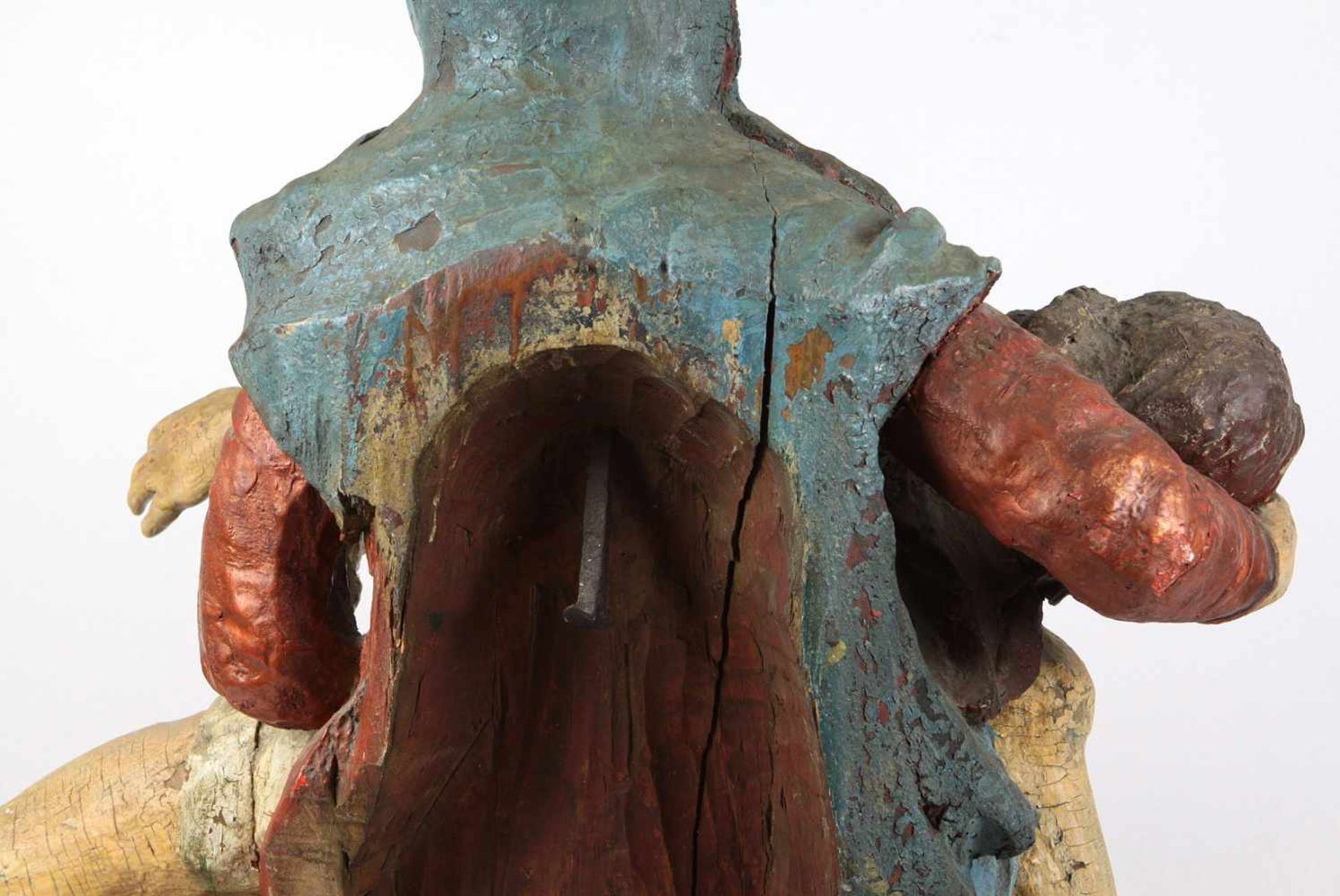 Maria mit JesusObstholz von Hand beschnitzt, teils angesetzt u. farbig gefasst, Mittelteil aus einer - Bild 5 aus 7