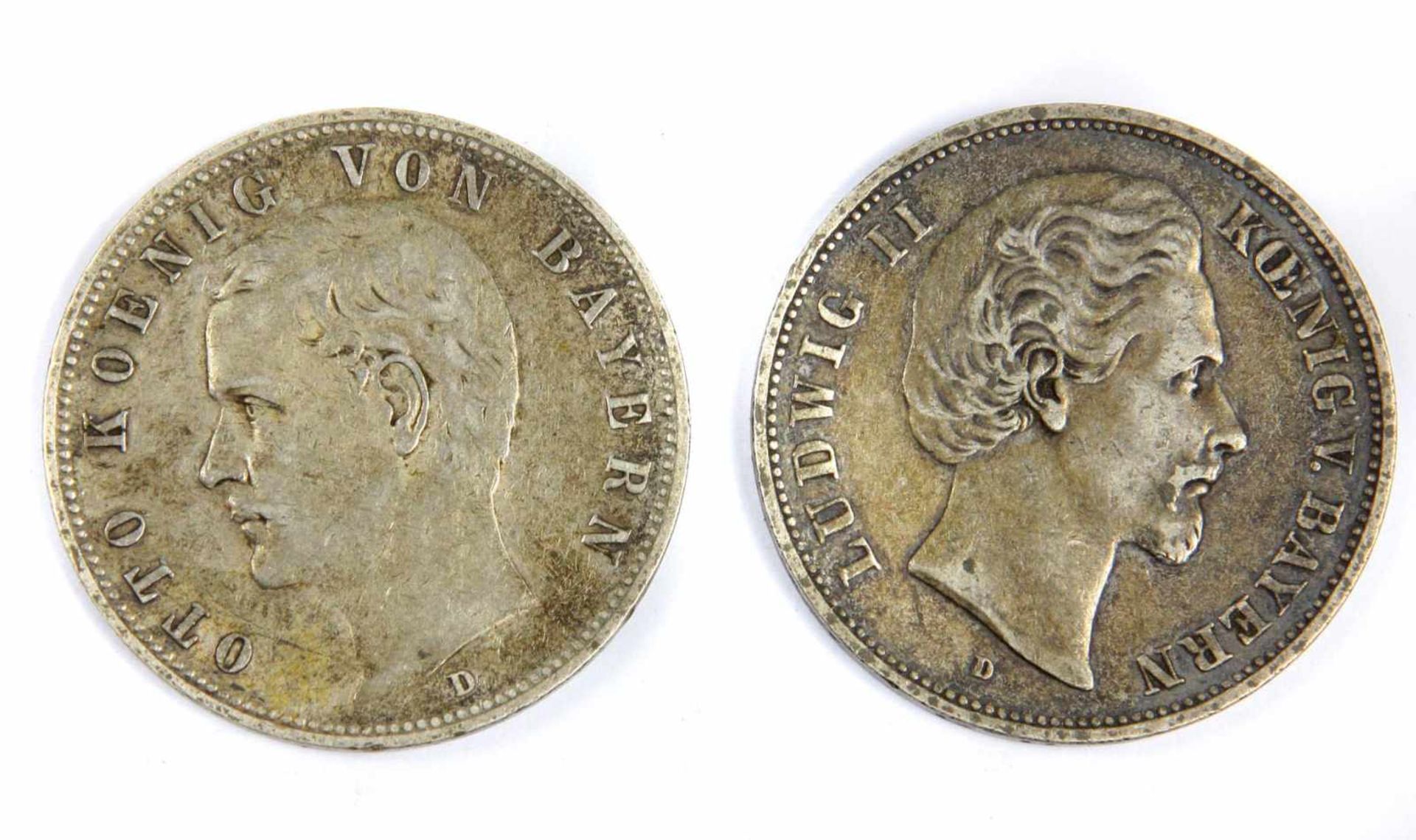 2 x 5 Mark Bayern 1875/1900 DSilber, 2 x Fünf Mark Deutsches Reich, Ludwig II Koenig von Bayern 1875