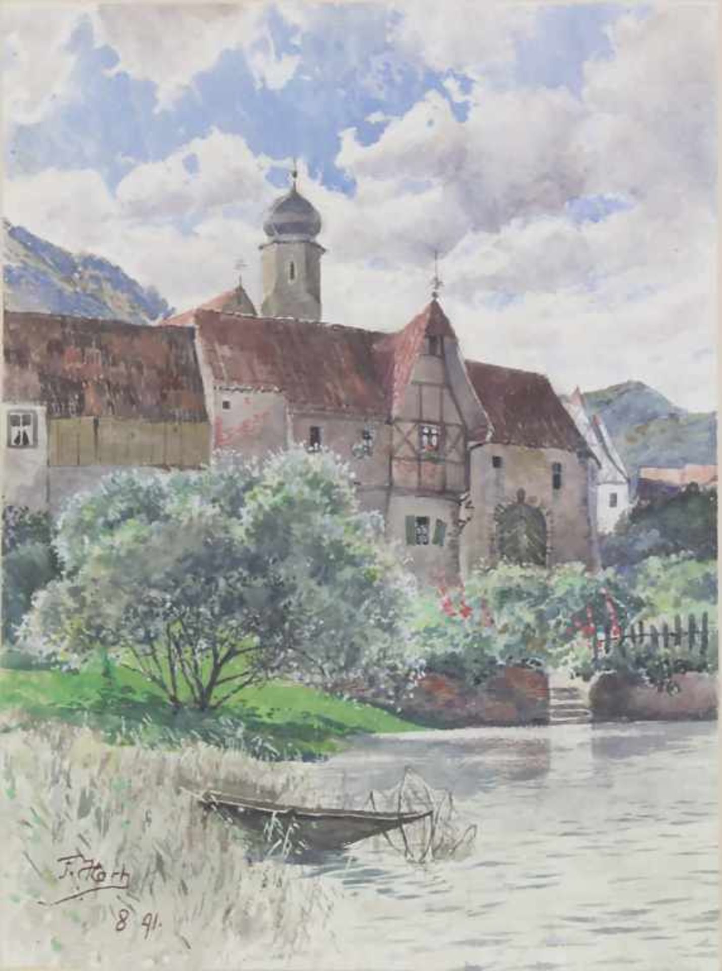 Franz Xaver Hoch (1869-1916), 'Fachwerkhäuser am Flussufer' / 'Framework buildings by the river'