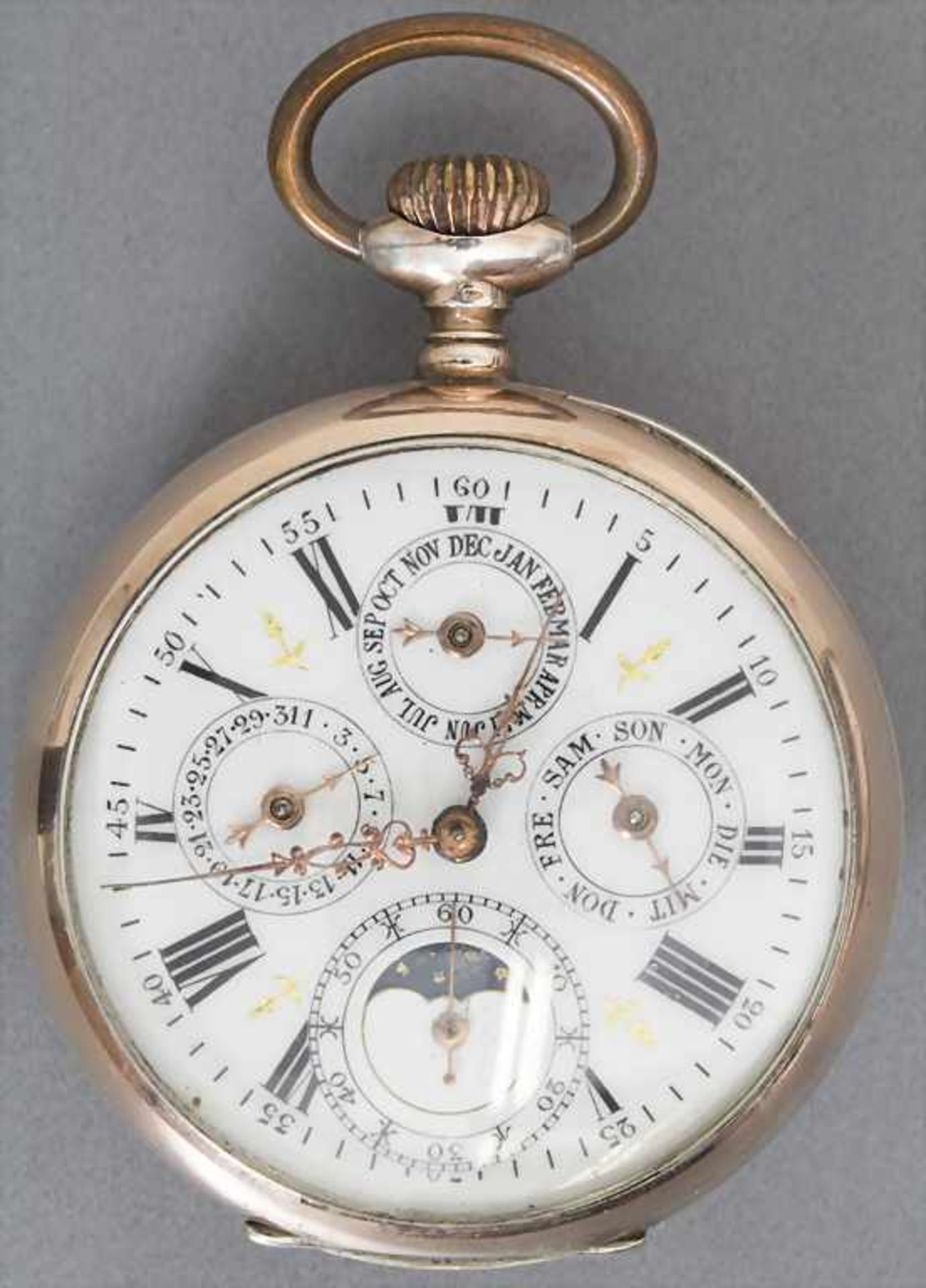 Offene Herrentaschenuhr / An open case pocket watch, Schweiz, um 1900Gehäuse: Rotgold / Silber