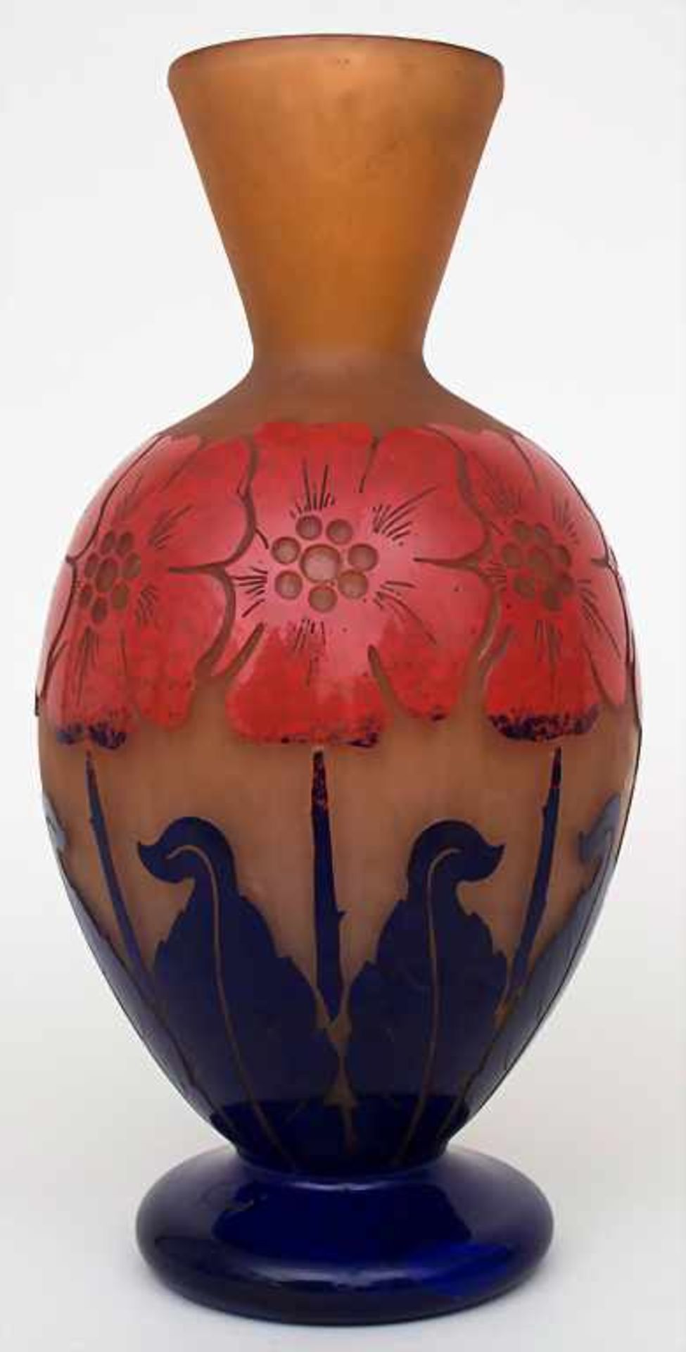 Art Déco Vase, Degué, Frankreich, um 1920Material: Glas mit Pulvereinschmelzungen und rot-blauem