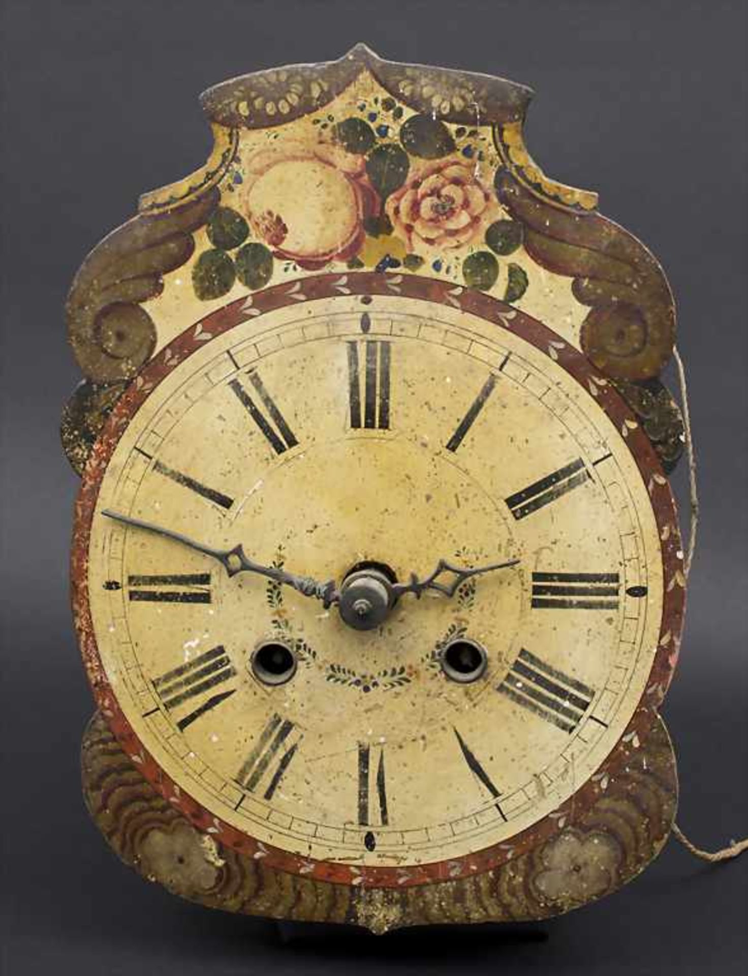 Schwarzwalduhr Lackschilduhr / A black forest clock, 19. Jh.Material: Holz, polychrom bemalt,Werk: