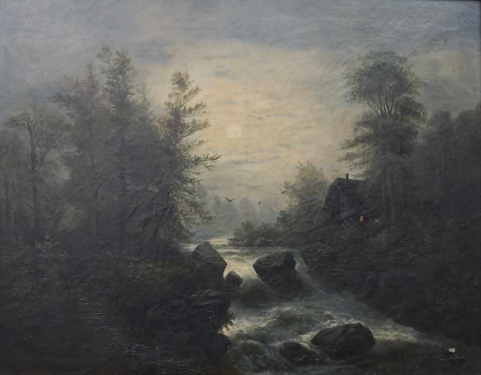 Ludwig Pietsch (1824-1911), 'Bachlauf mit Waldhaus im Mondschein' / 'A forest house by a creek in