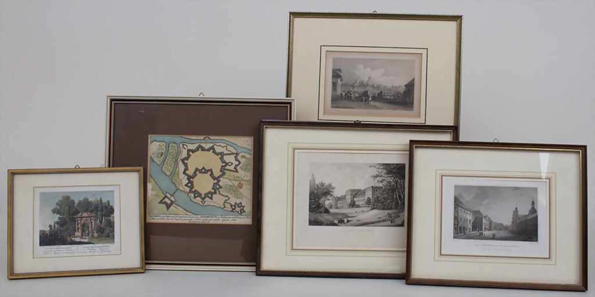 Konvolut 5 Stiche 'Mannheim' und 'Heidelberg' / A set of 5 engravings 'Mannheim' and 'Heidelberg'