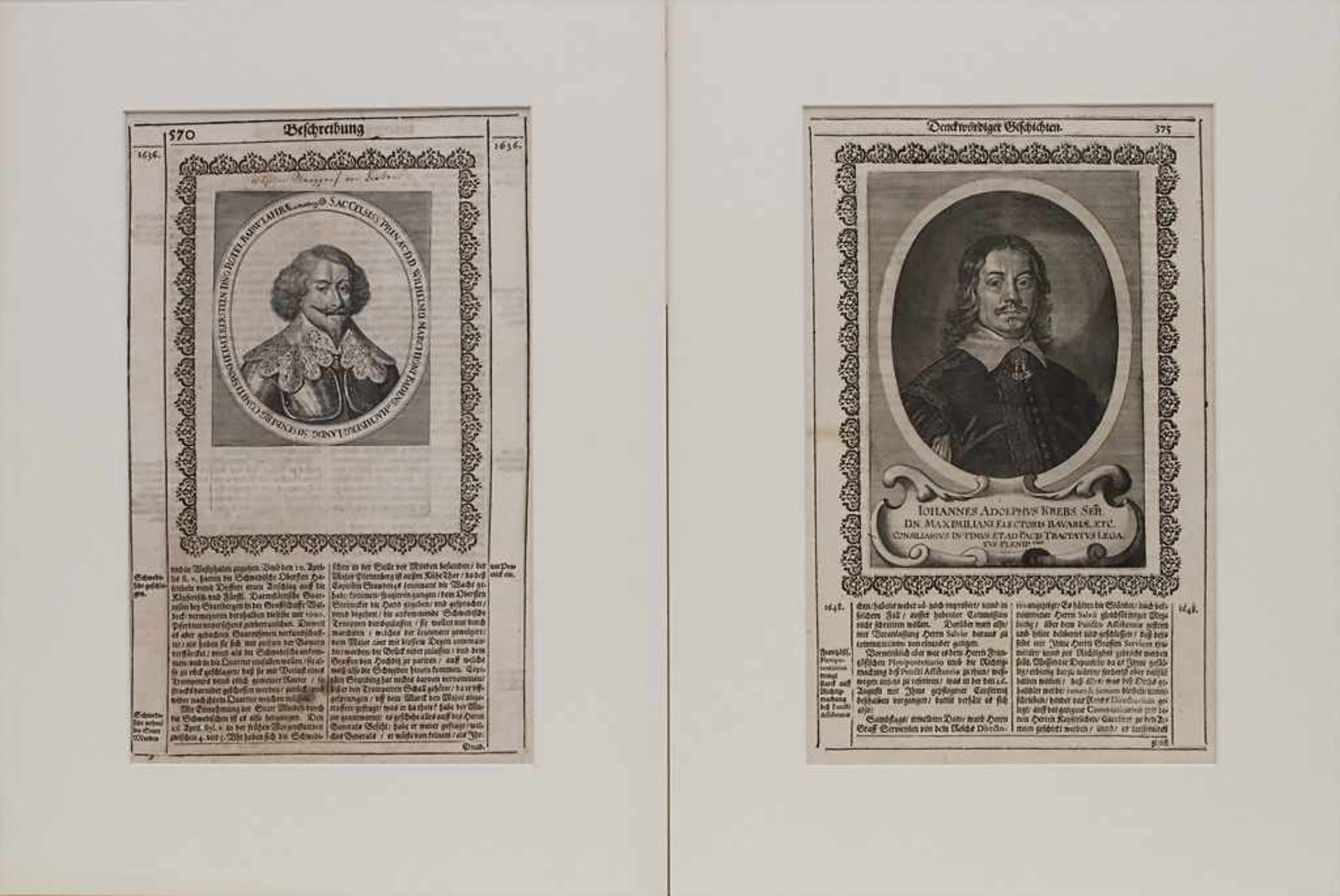 Antiquarische Buchseiten mit Porträts Markgraf Wilhelm von Baden und Johann Adolf Krebs /