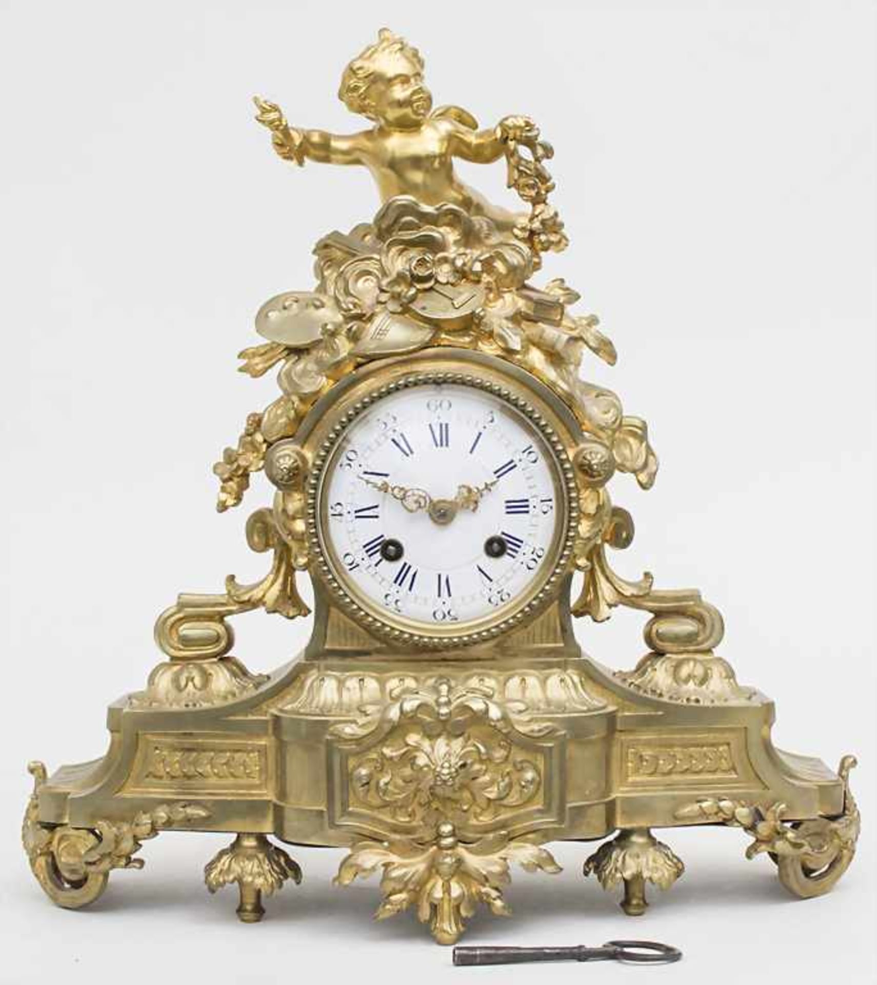 Pendule mit Putto, Napoleon III, Auboin & Fils., Paris, ca 1900Gehäuse: Metall vergoldet,Uhrwerk: - Image 2 of 7